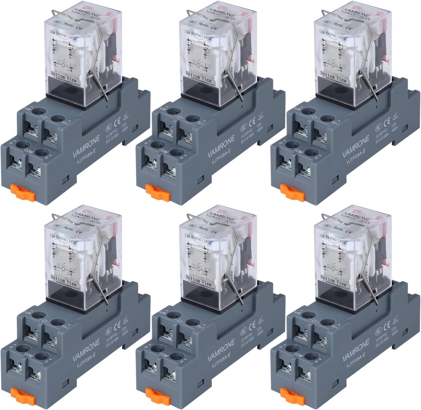 6PCS Electromagnetic Power Relay, 8-Pin 10 AMP 12V DC Relay Coil with Socket Base, LED Indicator, DPDT 2NO 2NC - MY2NJ [Applicable for DIN Rail System]
