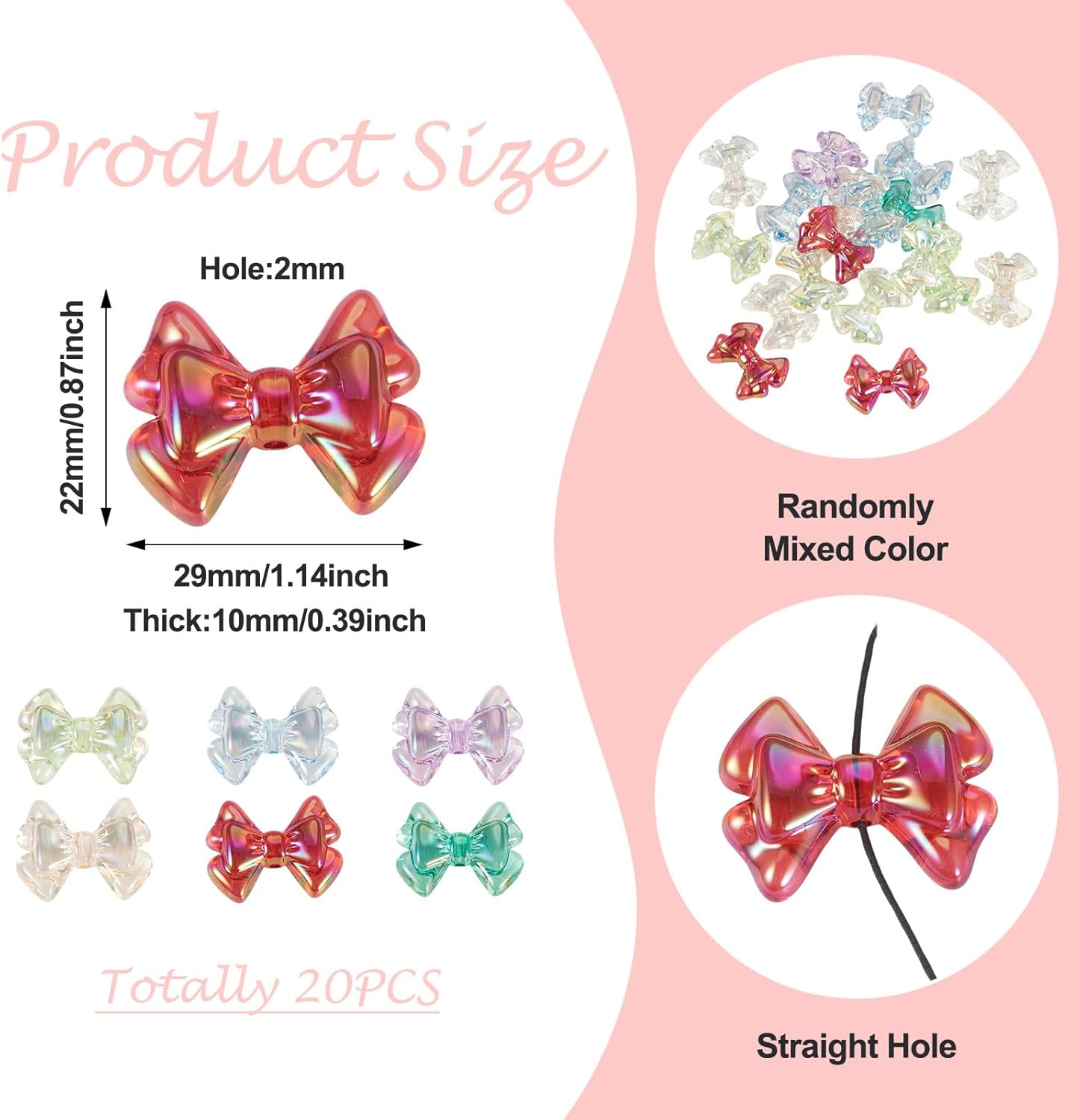 20Pcs Acrylic Bow Beads Iridescent Transparent Plastic Bowknot Beads Colorful Ribbon Bow Tie Bead Cute Aesthetic Bead for DIY Crafts Earring Necklace Keychain Lanyard Jewelry Making
