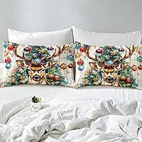 Vista 5 de Juego de funda de edredón con diseño de ciervo de cabaña, tamaño twin, juego de ropa de cama rústica de tablón de madera de árbol de Navidad