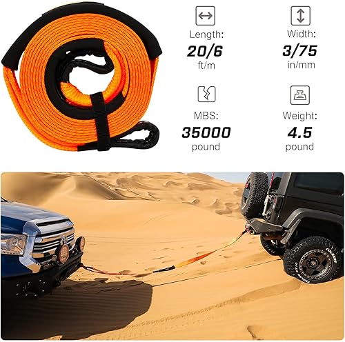 Miniatura 3 de Correa de remolque Cuerda de remolque de 3 pulgadas x 20 pies Correa de recuperación (naranja) Probada 35,000 libras resistencia a la rotura de