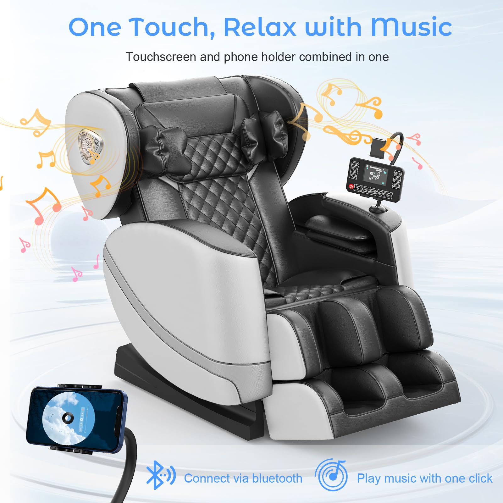 Ganzkörper Massagesessel mit Rollen & Airbags für Massage, Zero Gravity mit Bluetooth Lautsprecher und Touchscreen, Heizfunktion für Taille & Beine, mit Fußmassage für Hause/Büro (Hellgrau)