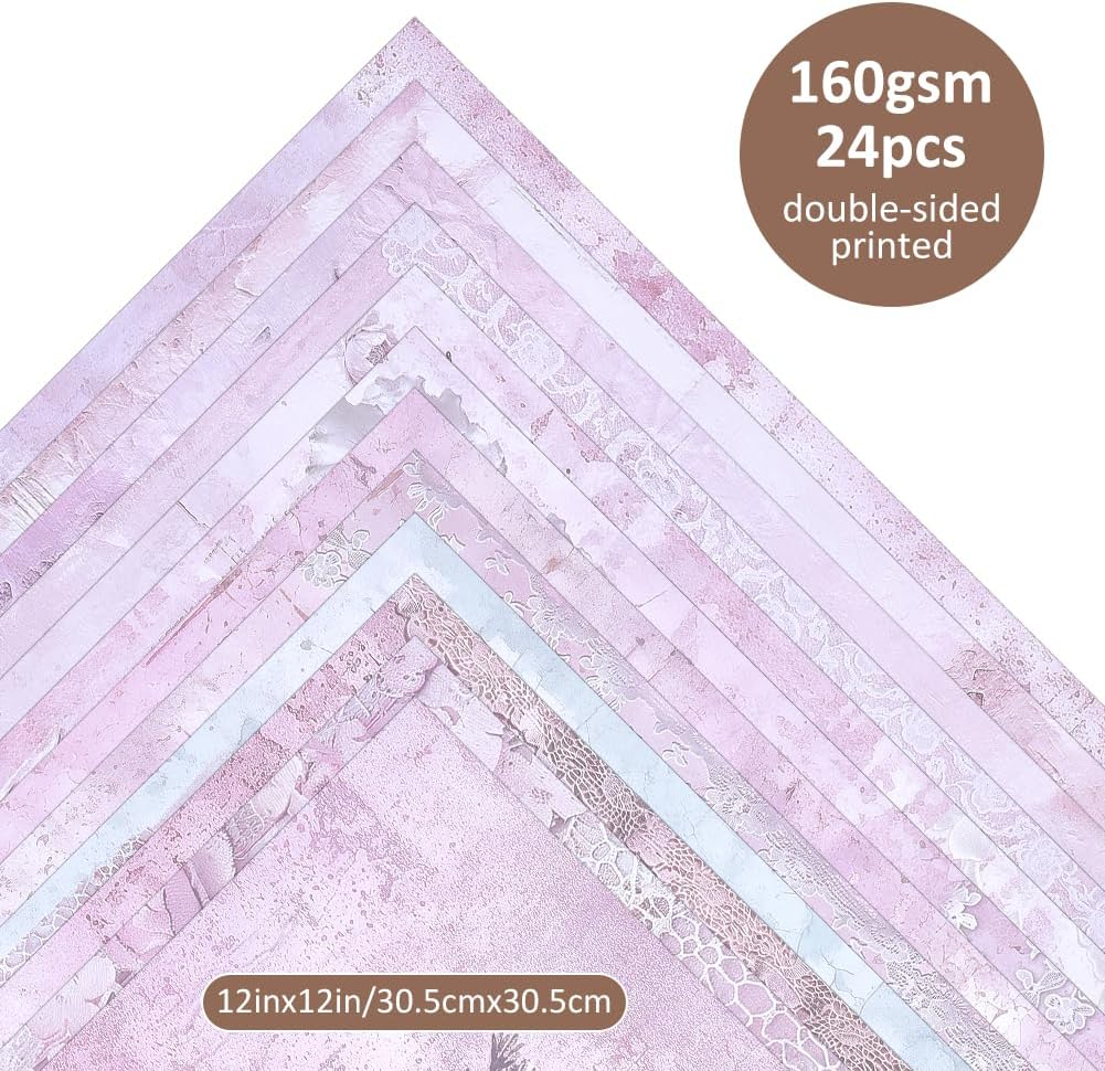 WADORN 24pcs Pink Floral Double Sided Scrapbook Paper 12x12 Inch Flower Patterned Square Background Paper for DIY Craft Scrapbooking Supplies Journal Card Making Decoration image 2