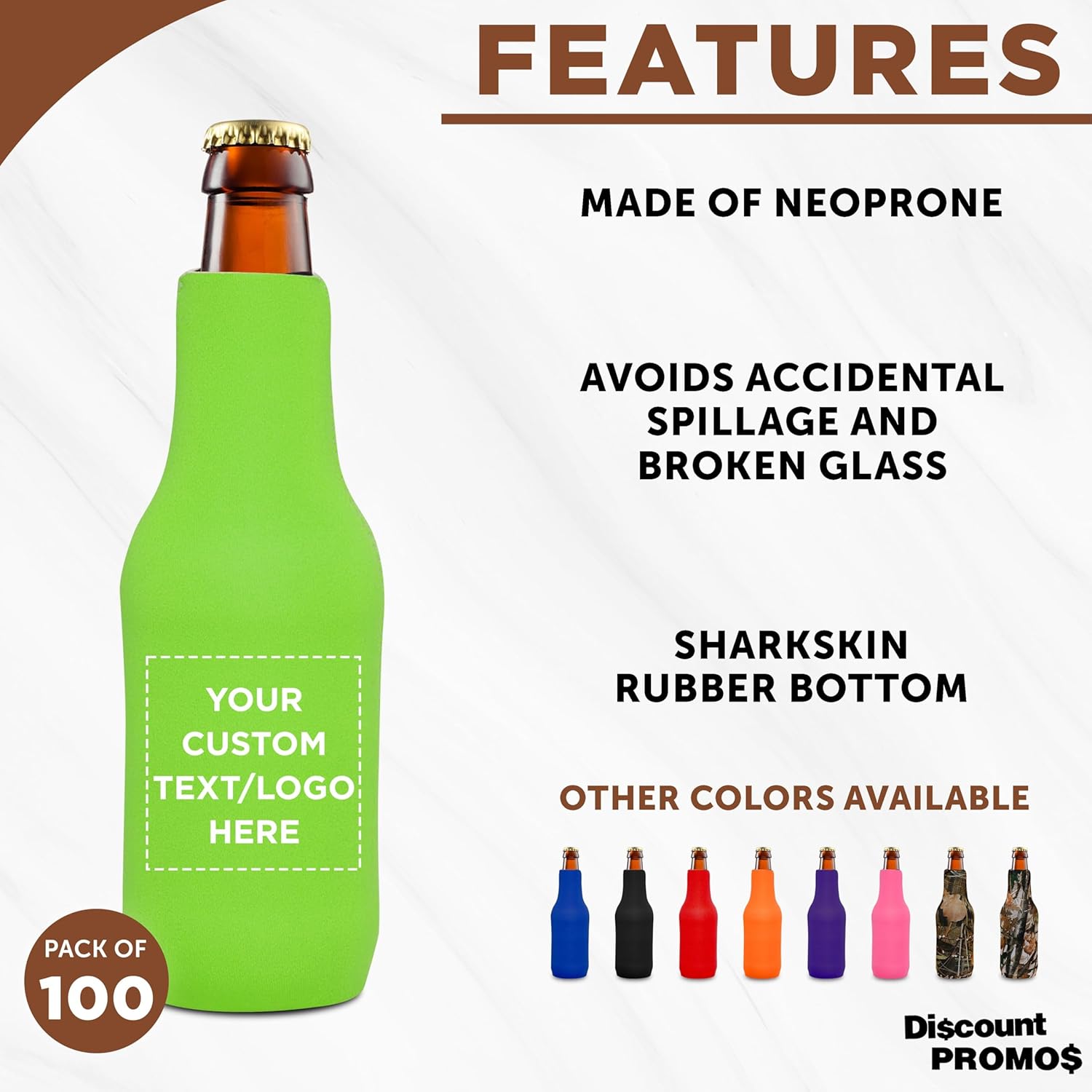 100 Neoprene Zippered Beer Bottle Coolies Pack - Customizable Text, Logo - Sharkskin Rubber Bottom - Lime Green
