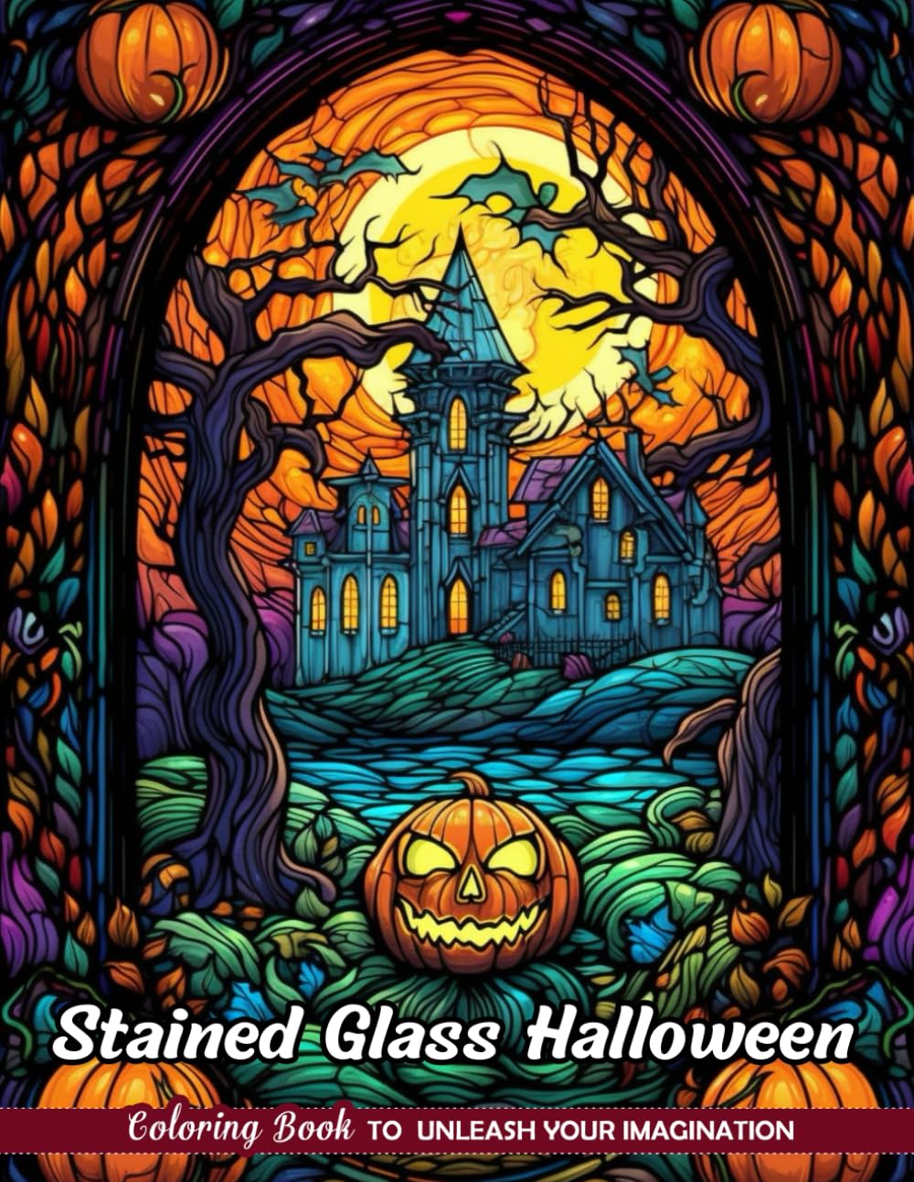 Stained Glass Halloween Coloring Book: Eerie Scenes in Luminous Designs