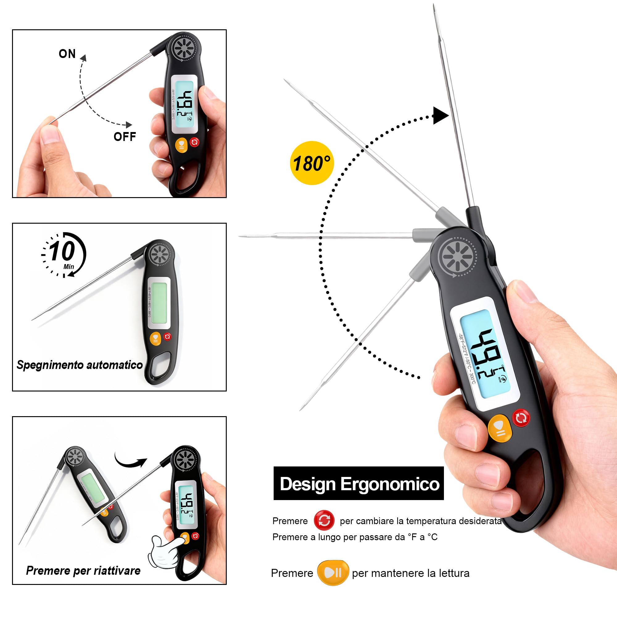 Antonki Termometro da Cucina Digitale con Sonda Pieghevole e Display LCD Retroilluminato, Lettura Istantanea in 3 Secondi per BBQ, Carne, Olio, Latte, Vino, Dolci e Liquidi