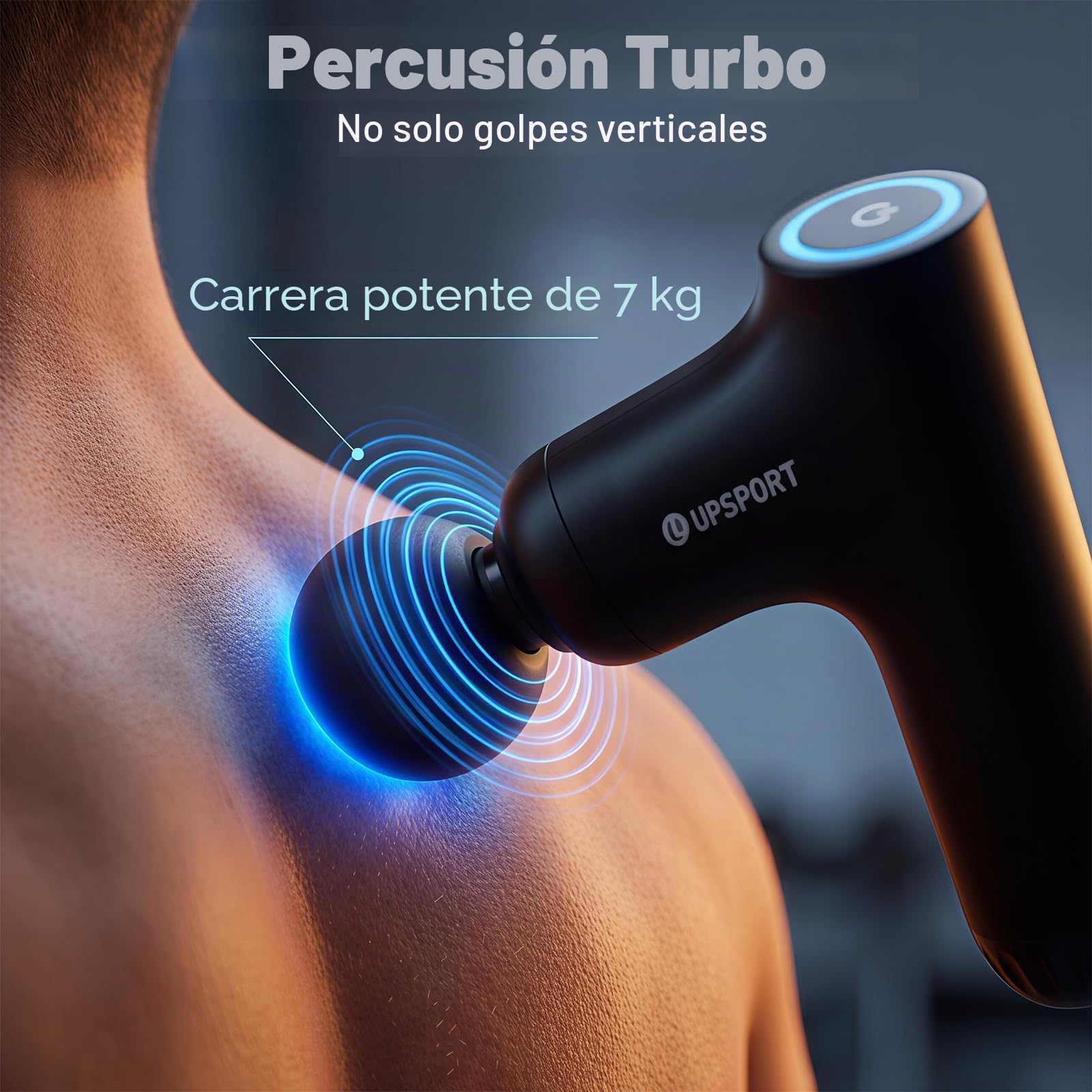 Pistola de Masaje Espalda, Mango Extensible 50cm para Automasaje | Fuerza 7kg Percusión Turbo Tejido Profondo Masajeador Eléctrico Portátil para Recuperación Deportiva, 4 Cabezales USB-C