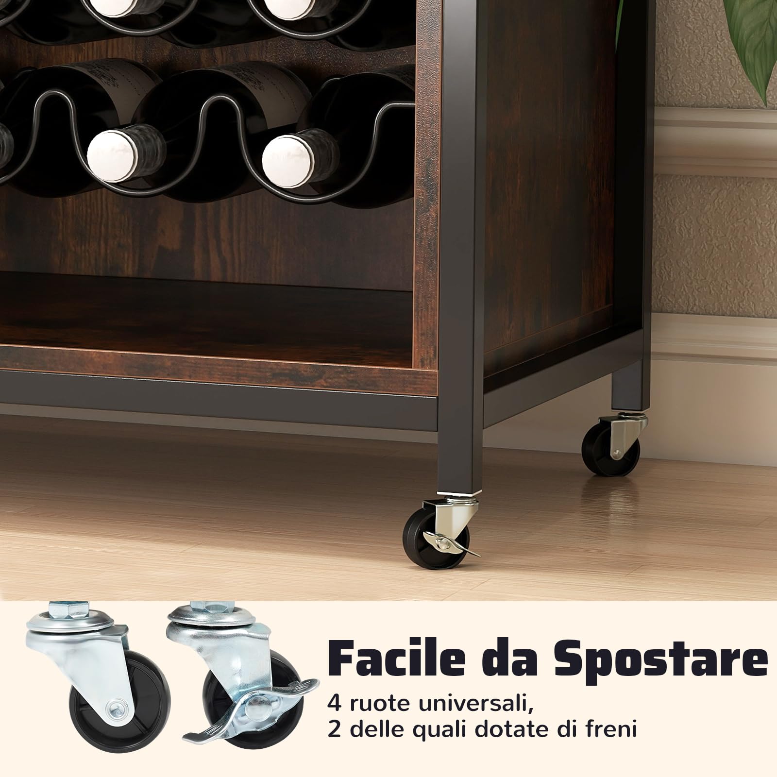 COSTWAY Mobile Bar per Vino con Luce LED, Credenza Buffet da Cucina con Ruote, Ripiani Regolabili, Supporti per Bicchieri e Bottiglie, per Sala da Pranzo e Soggiorno, 108 × 40 × 81 cm