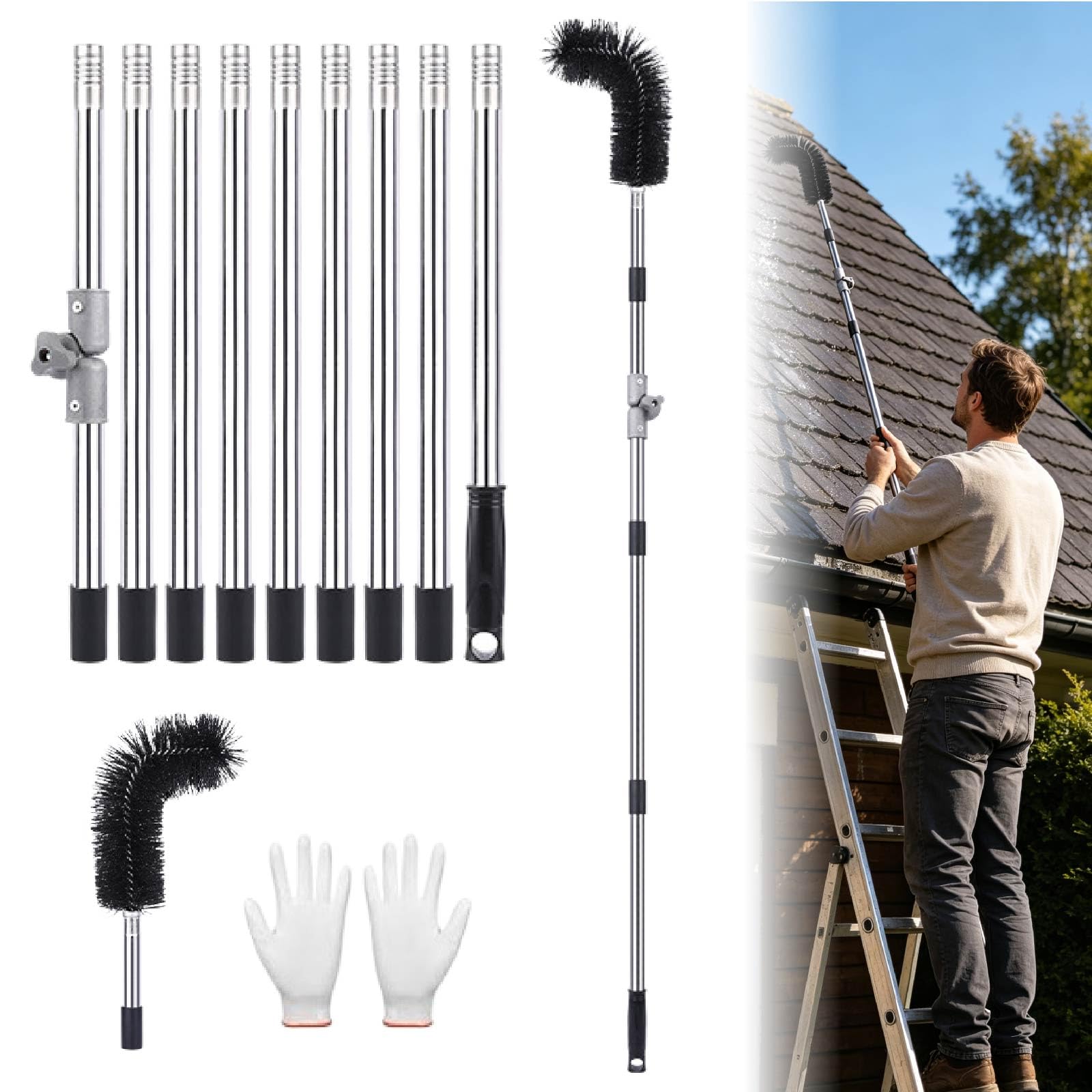 Extra Long Telescopic Gutter Cleaner, 4m Aluminum Roof Gutter Cleaning Tools Kit with 180° Swivel Head, Gutter Brush, Leaf Shovel & Rake for Guard Debris Removal (A)