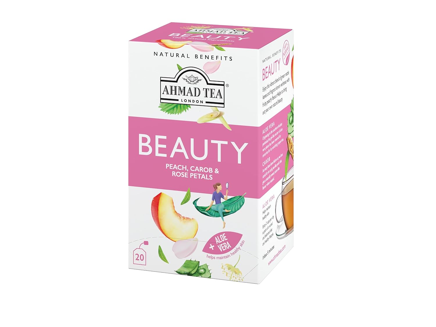 Ahmad Tea Herbal Tea, Peach, Carob, and Rose Petals 'Beauty' Natural Benefits Teabags, 20 ct (Pack of 6) - Decaffeinated & Sugar-Free