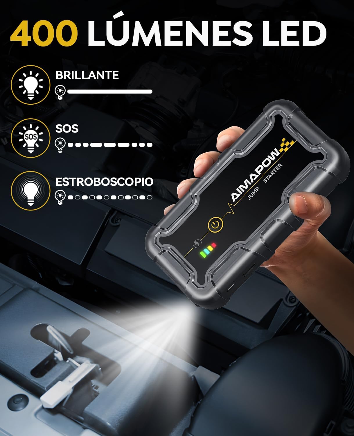AIMAPOW jump starter showing 400 lumens LED flashlight with Bright, SOS, and Strobe modes