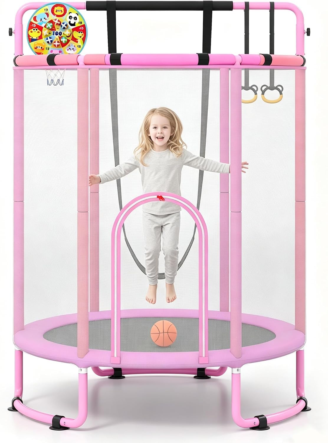 COSTWAY 55โ/61โ Kids Trampoline, 6 in 1 Toddler Trampolines (Pink, 55โ)