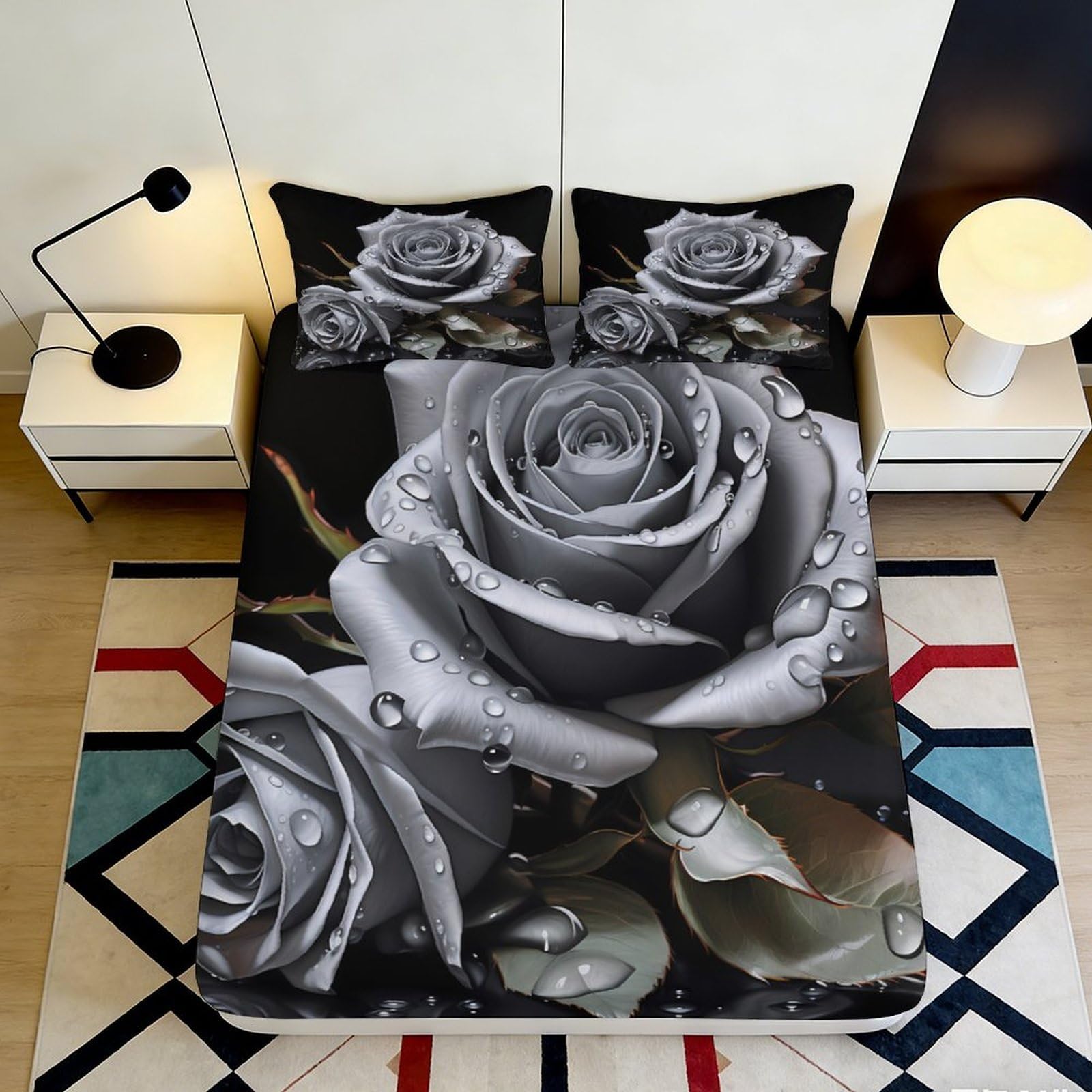 3D Printed Grey Rose Fitted Sheet Microfiber Bedroom Decor Water Droplet Mattress Cover for Home Guest Room 90x200x25cm