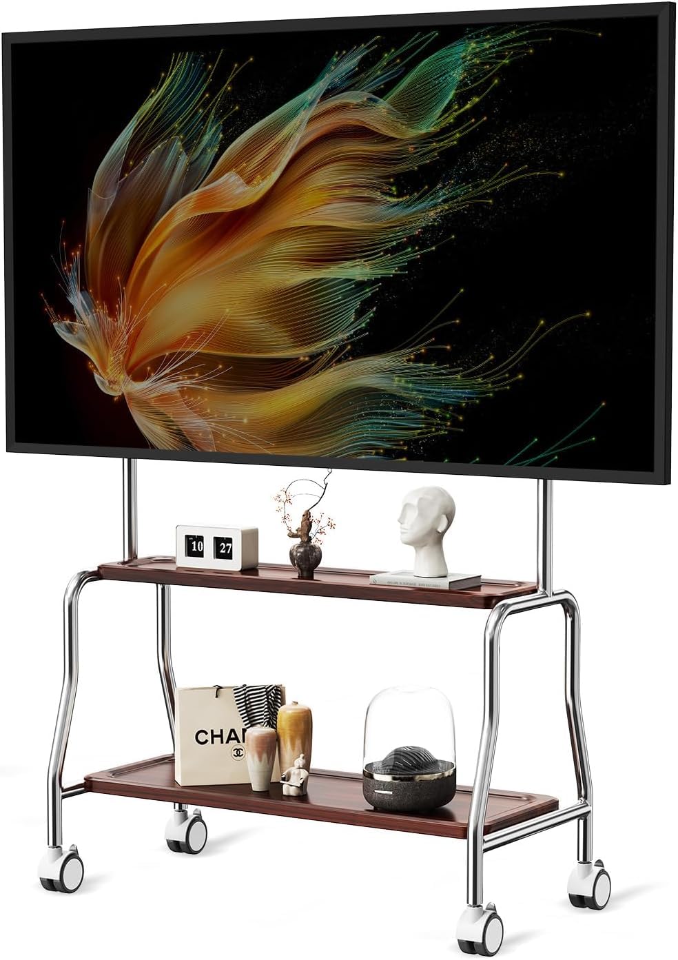 Chevalet de télévision mobile à roulettes pour écrans plats LCD LED OLED de 32 à 75 pouces, en acier inoxydable avec roulettes, 50 kg, VESA 600 x 400 mm (étagère de rangement en bois double couche