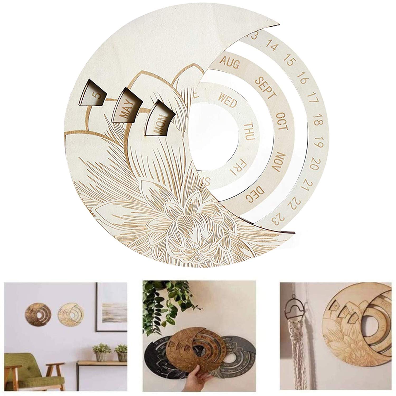 Wooden Perpetual Calendar, 2021 Round Wall Mounted Calendar Study Desk Calendar Handicraft Decoration Wooden Crafts for Business Occasions Living Room Offices (B)