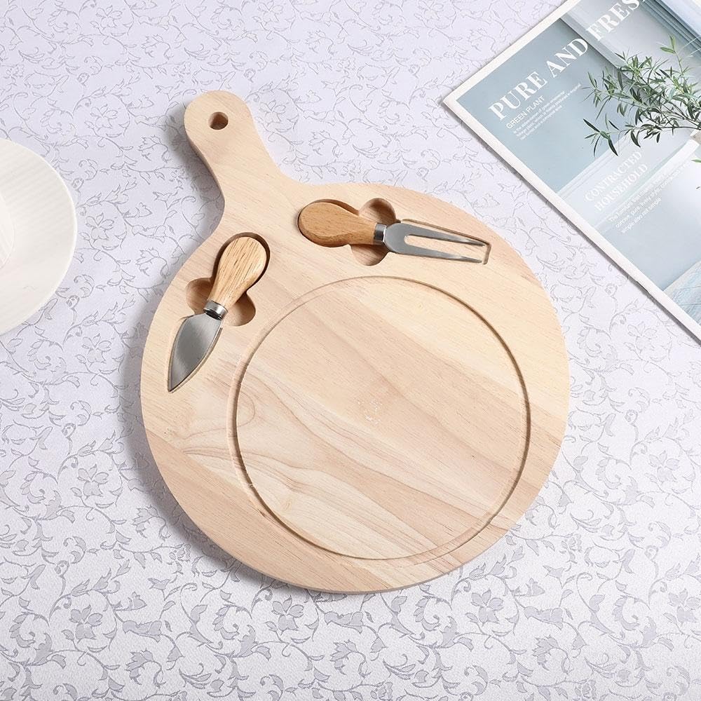 SUNBEET Cheese Board Knife Set with Wood Bamboo Handle Meat Vegetable Kitchen Plate & 1 Cheese Knife & A Cheese Fork,Serving Board (Round Cheese Board) 2