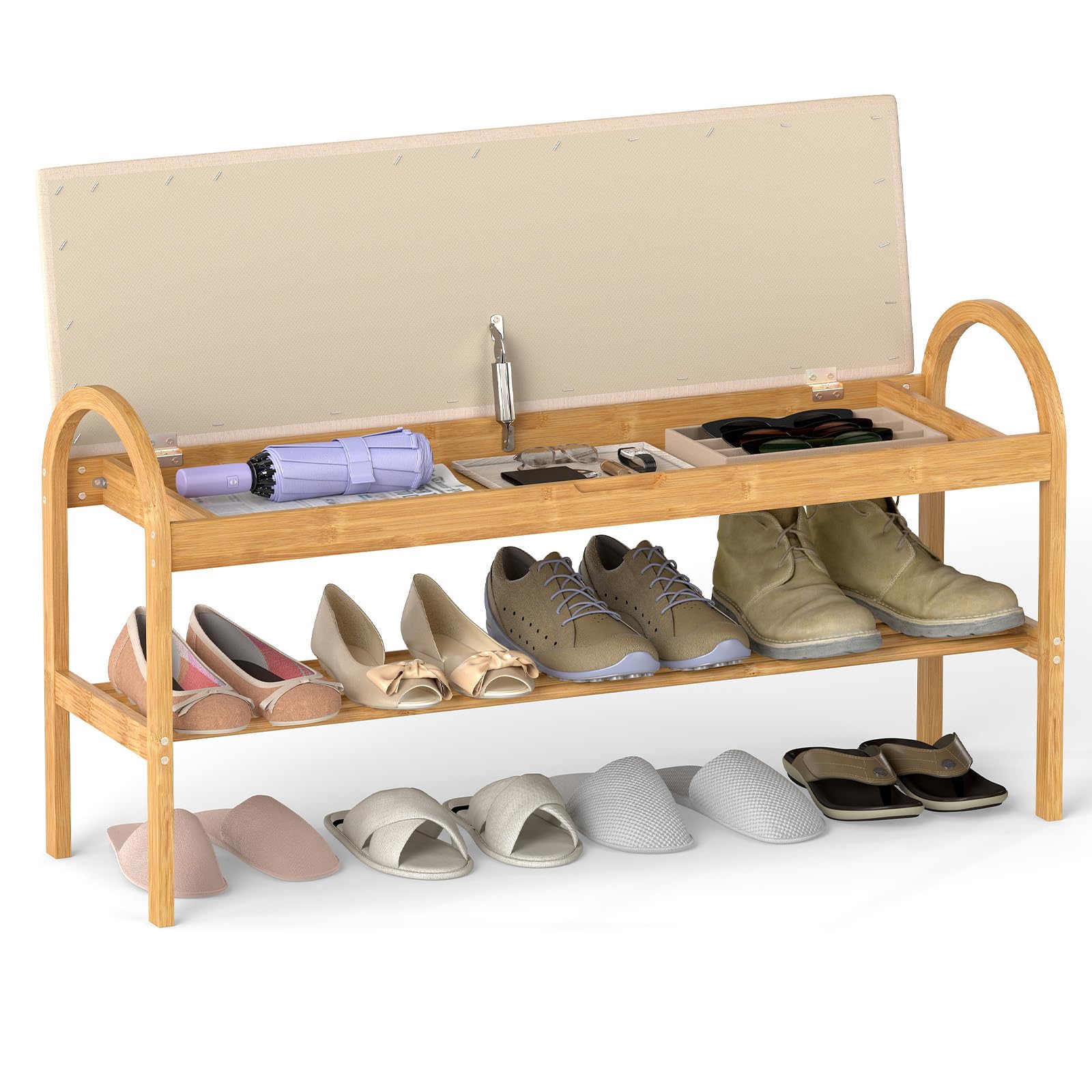 COSTWAY Banco Zapatero de Bambú, Banco para Zapatos con 1 Estante, Tapa Abatible Acolchada, Banco Zapatero Pasillo Entrada Salon, 101 x 31 x 51 cm (Beige)