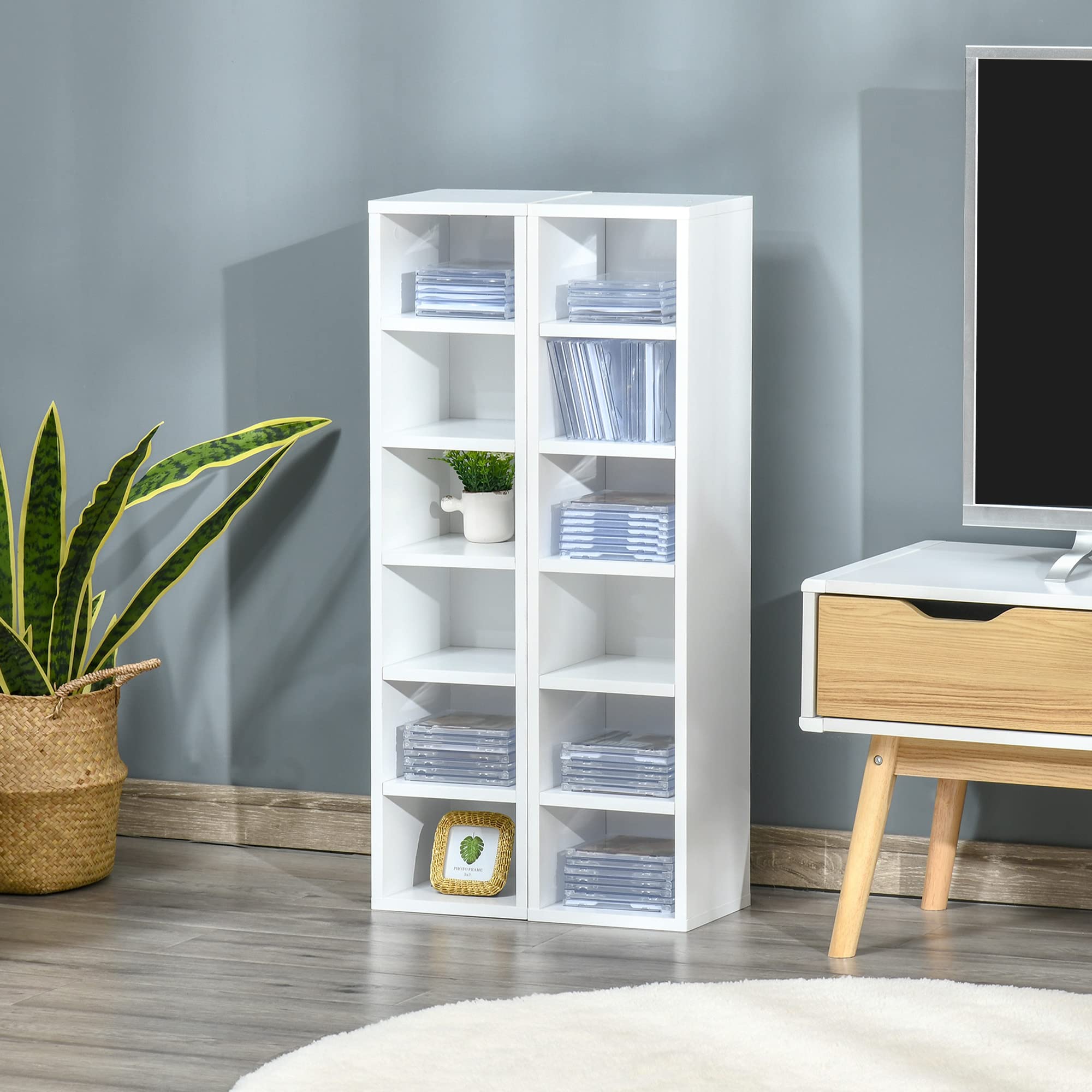 HOMCOM - Juego de 2 estanterías columnas armario de almacenamiento CD-DVD 6 + 6 compartimentos dim. 21 x 19 x 88 cm. Capacidad máx. 160 CD blanco