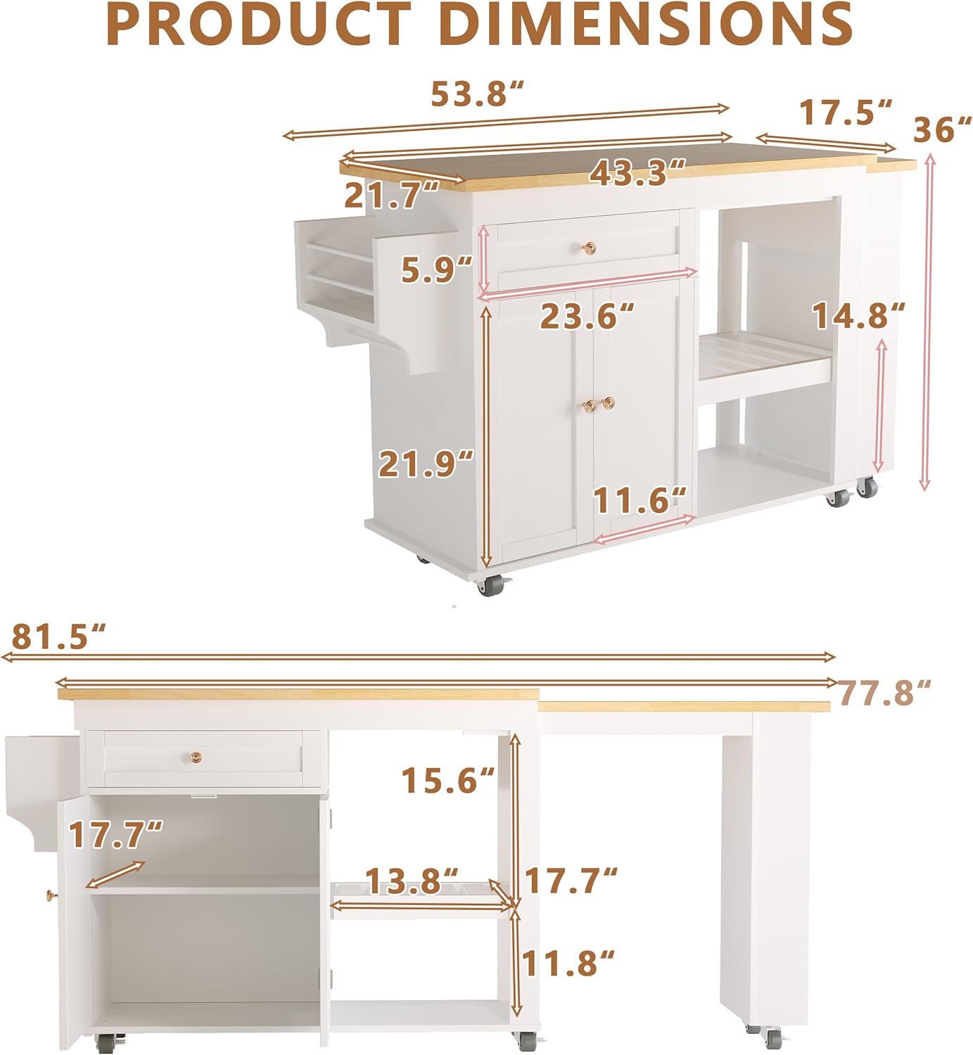 81.5" Kitchen Island with Extendable Dining Table, Rolling Kitchen Cart on Wheels with Spice Rack, Drawer and Door Cabinet for Dining Room, White