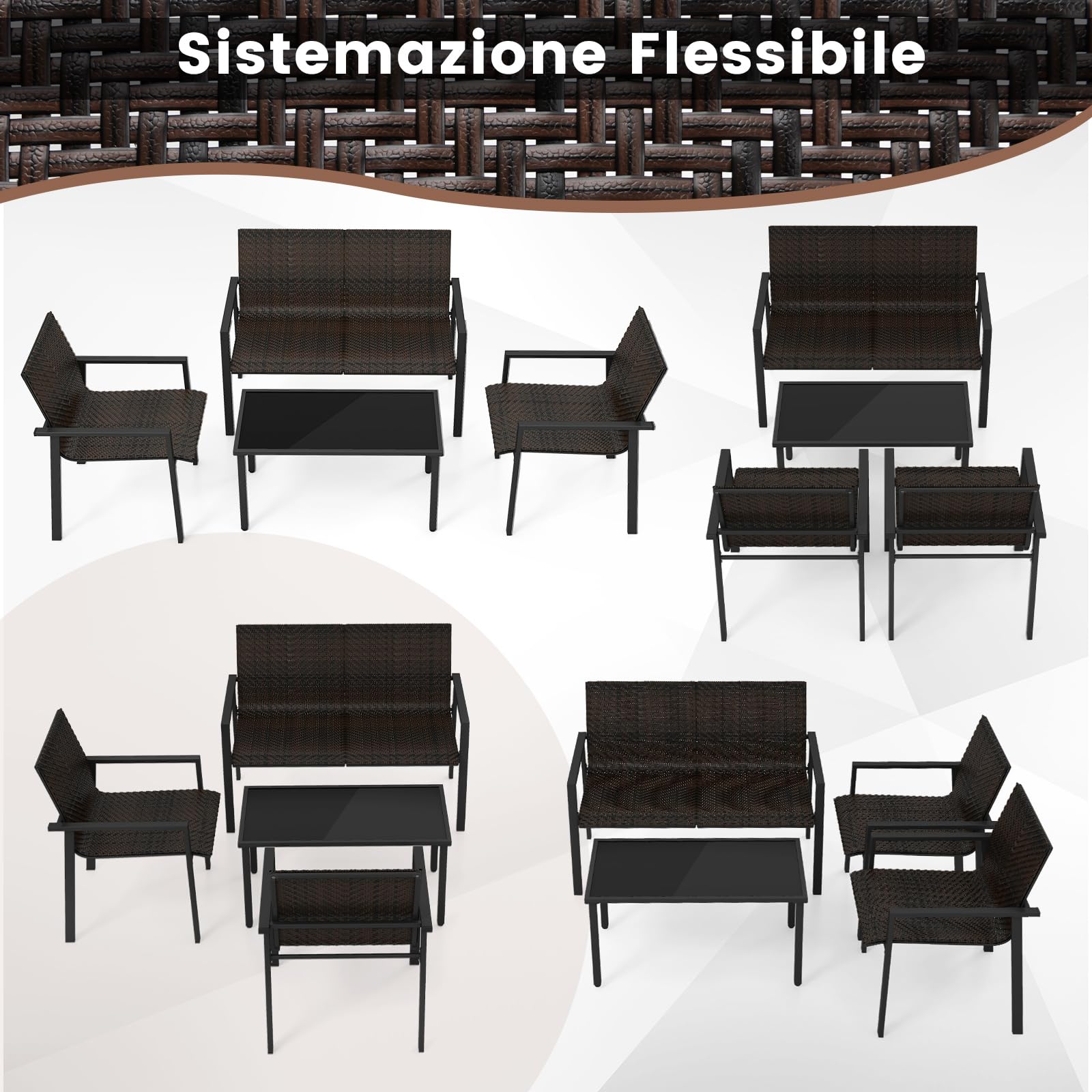 COSTWAY 4 Pezzi Set di Mobili da Giardino, Set di Tavolo e Sedie da Esterno in Intrecciato di Vimini, Set Salotto da Giardino per Balcone Giardino Terrazzo (Marrone)
