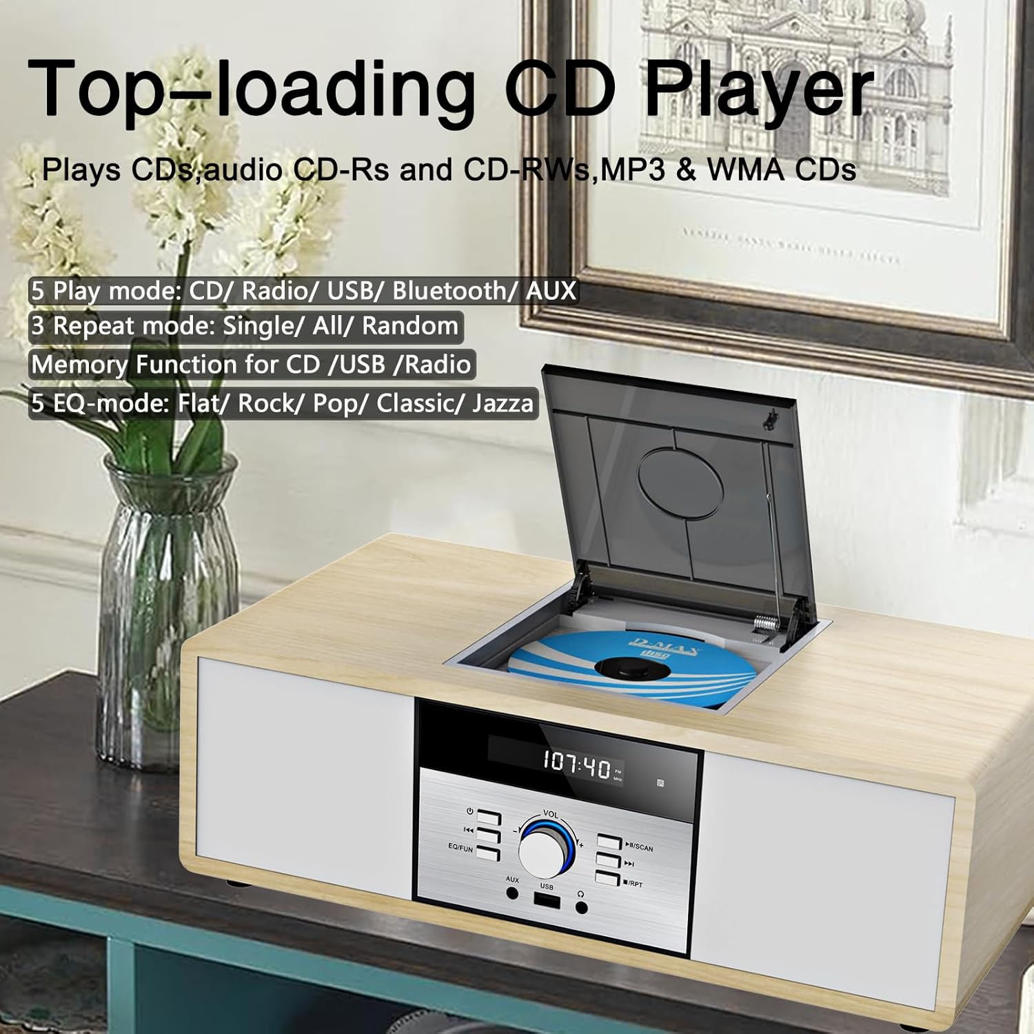 WISCENT Vintage Micro HiFi Stereo System with the top-loading CD player open, showing a disc being inserted.