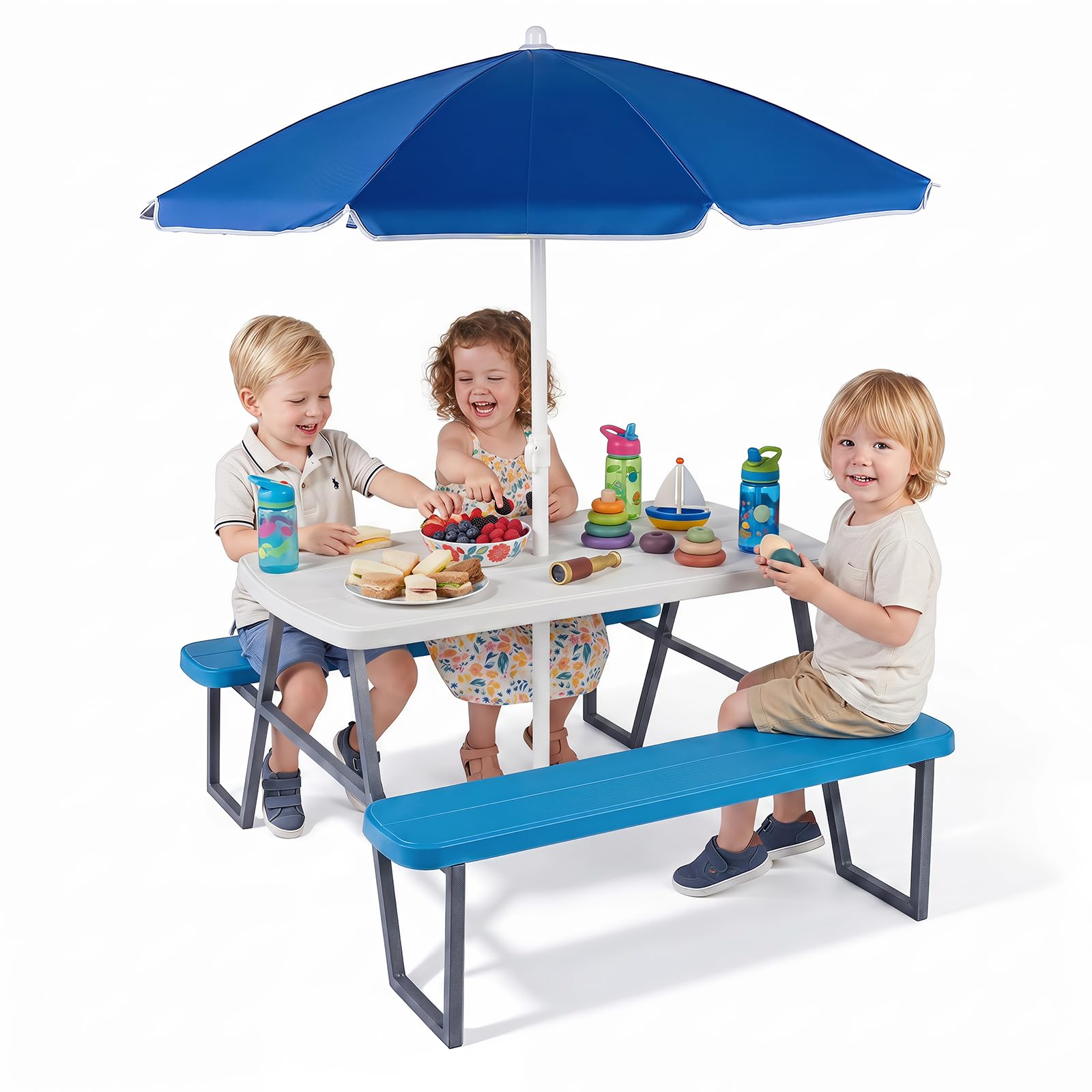 LIFEZEAL Tavolo da Picnic per Bambini con Ombrellone Pieghevole, Regolabile | Set Tavolo e Sedie per Bambini 3-8 Anni, 1 Tavolino e 2 Panche per Giardino, Terrazzo, Campeggio, Cameretta e Cortile