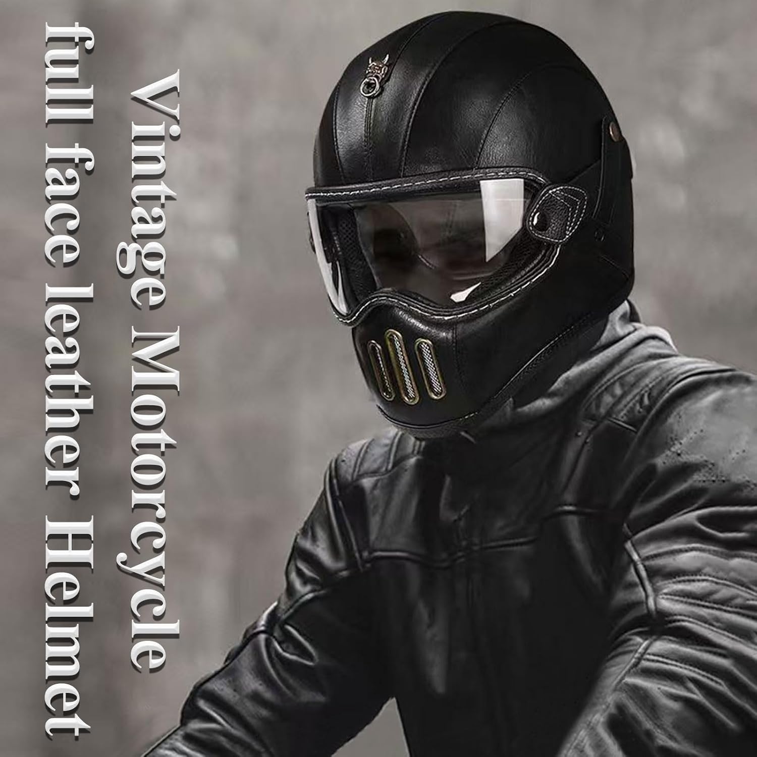 Retro Full Face Motorcycle Helmet Leather Glass Fiber Shell for Men Women Street Off-Road Moped Bike Racing ATV Motocross