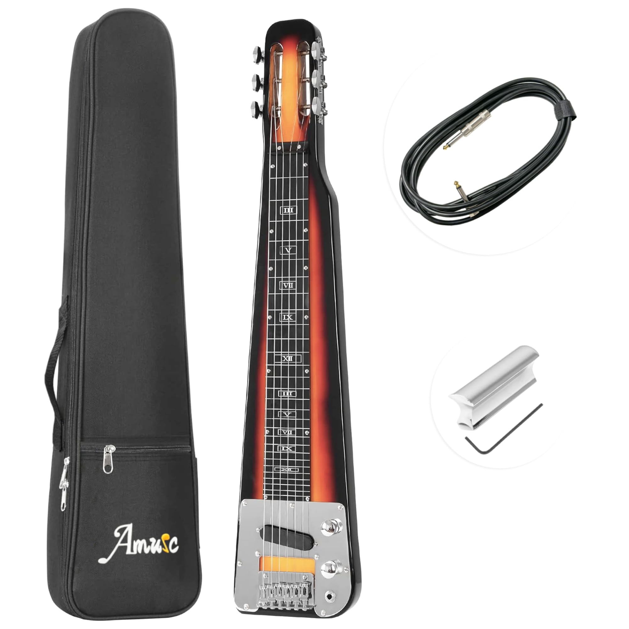 Amuic Lap Steel Guitar  Slide Steel Guitar Electric  6 Strings Slotted Head Stock Guitars with Gig Bag & Slide Bar (Sunburst Color)