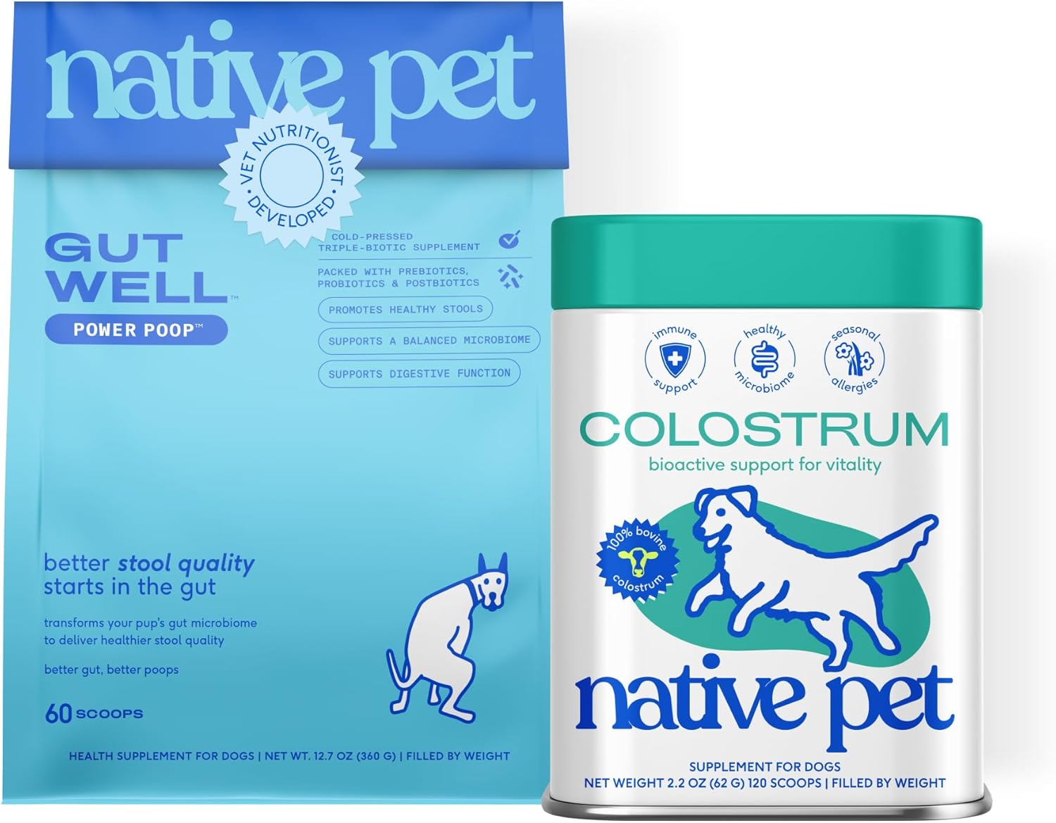 Native Pet Tummy & Immunity Bundle: 60 Scoop GutWell Power Poop - Digestive Enzymes & Fiber for Dogs & 120 Scoop Bovine Colostrum Powder for Dogs – Allergy, Immunity & Itchy Skin Relief