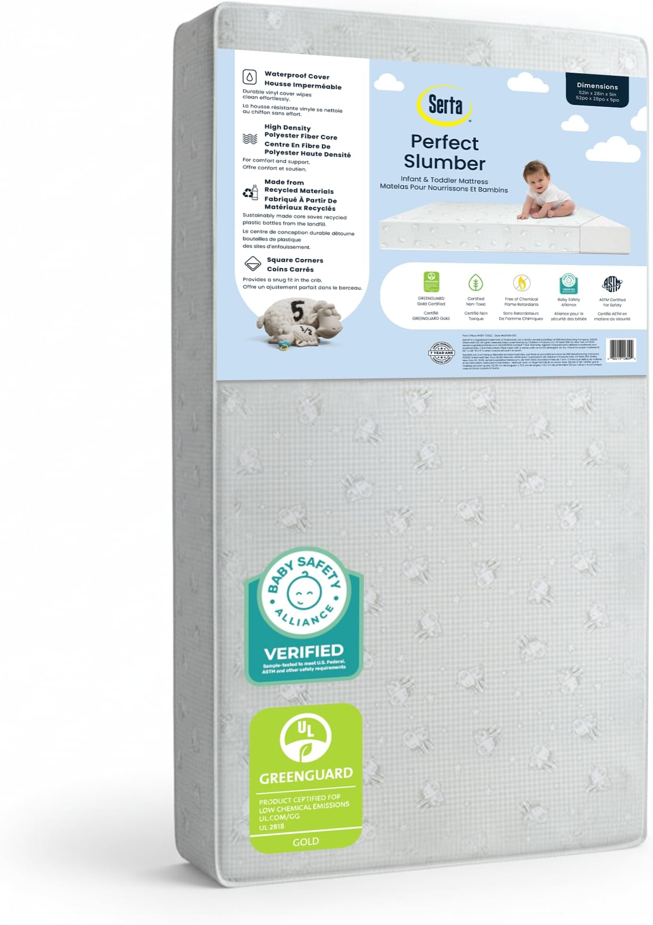 Serta Perfect Slumber Dual Sided Crib and Toddler Mattress - Waterproof - Hypoallergenic - Premium Sustainably Sourced Fiber Core -GREENGUARD Gold Certified (Non-Toxic) -7 Year Warranty - Made in USA