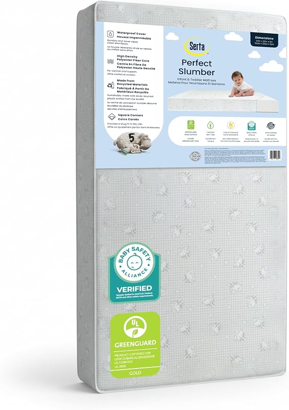 Serta Perfect Slumber Colchón de doble cara para cuna y niños pequeños - Impermeable - Hipoalergénico - Núcleo de fibra de origen sostenible de primera calidad - Certificado GREENGUARD Gold (no tóxico) - 7 años de garantía - Fabricado en EE. UU.