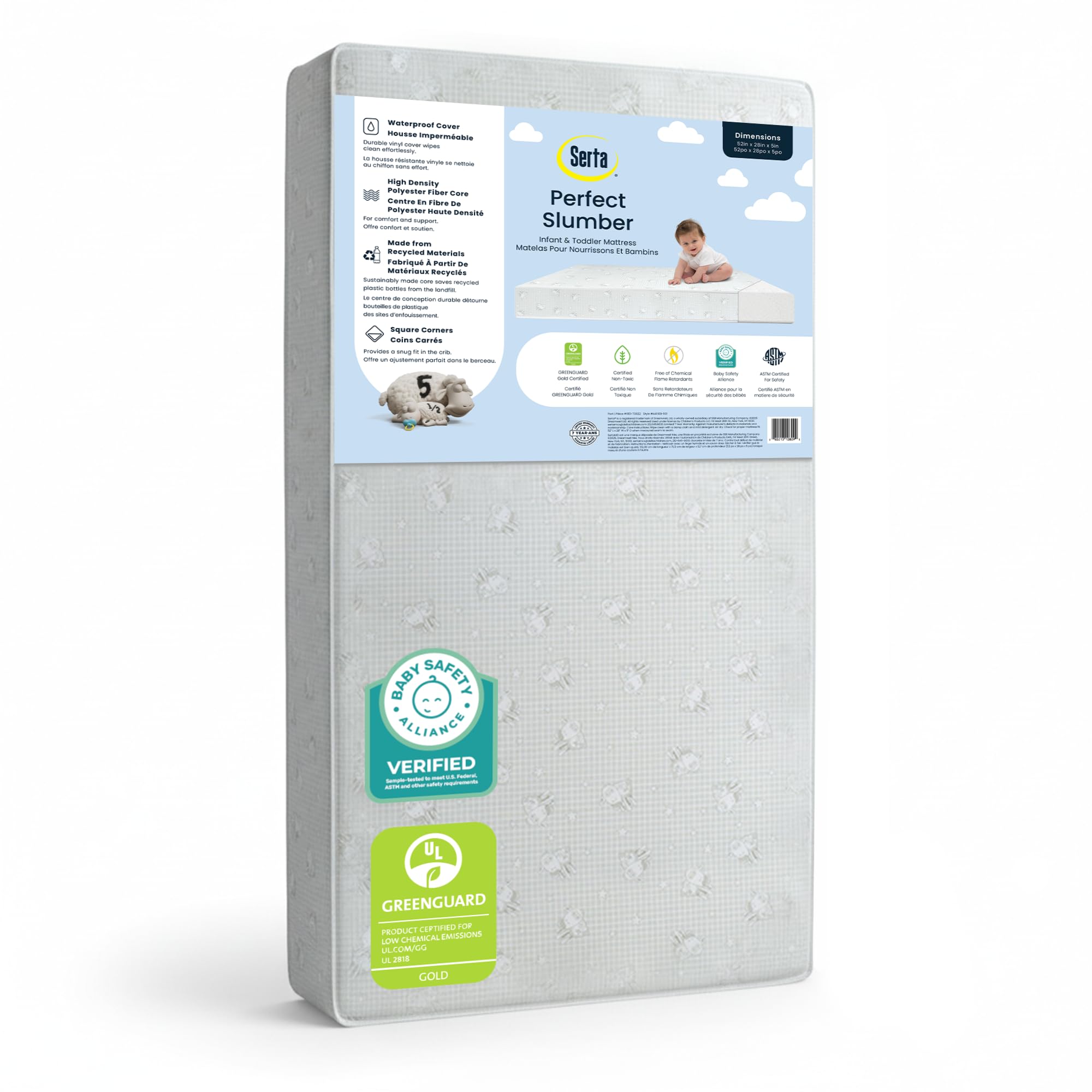 Serta Perfect Slumber Dual Sided Crib and Toddler Mattress - Waterproof - Hypoallergenic - Premium Sustainably Sourced Fiber Core -GREENGUARD Gold Certified (Non-Toxic) -7 Year Warranty - Made in USA