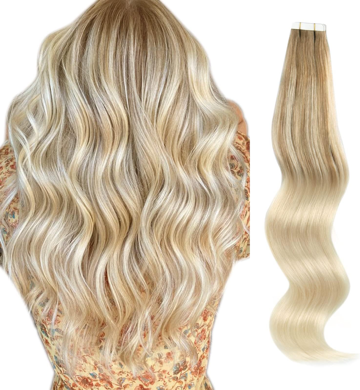 ABH AmazingBeauty Hair Sunlights Balayage Hair Extensions Tape ins, Invisible Double Sided Real Remy Human Hair Skin Weft, 50g 20pcs, Platinum Ash blonde with Ash Brown B8-60, 18 Inch