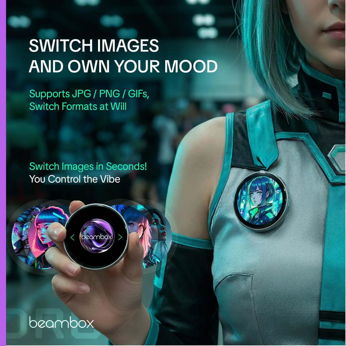 NIKKO Badge électronique dynamique | Broche numérique portable intelligente avec écran tactile IPS 1,8". Pour cosplay et événements. Affiche GIFs/vidéos programmables. Contrôle via app Bluetooth 5.4