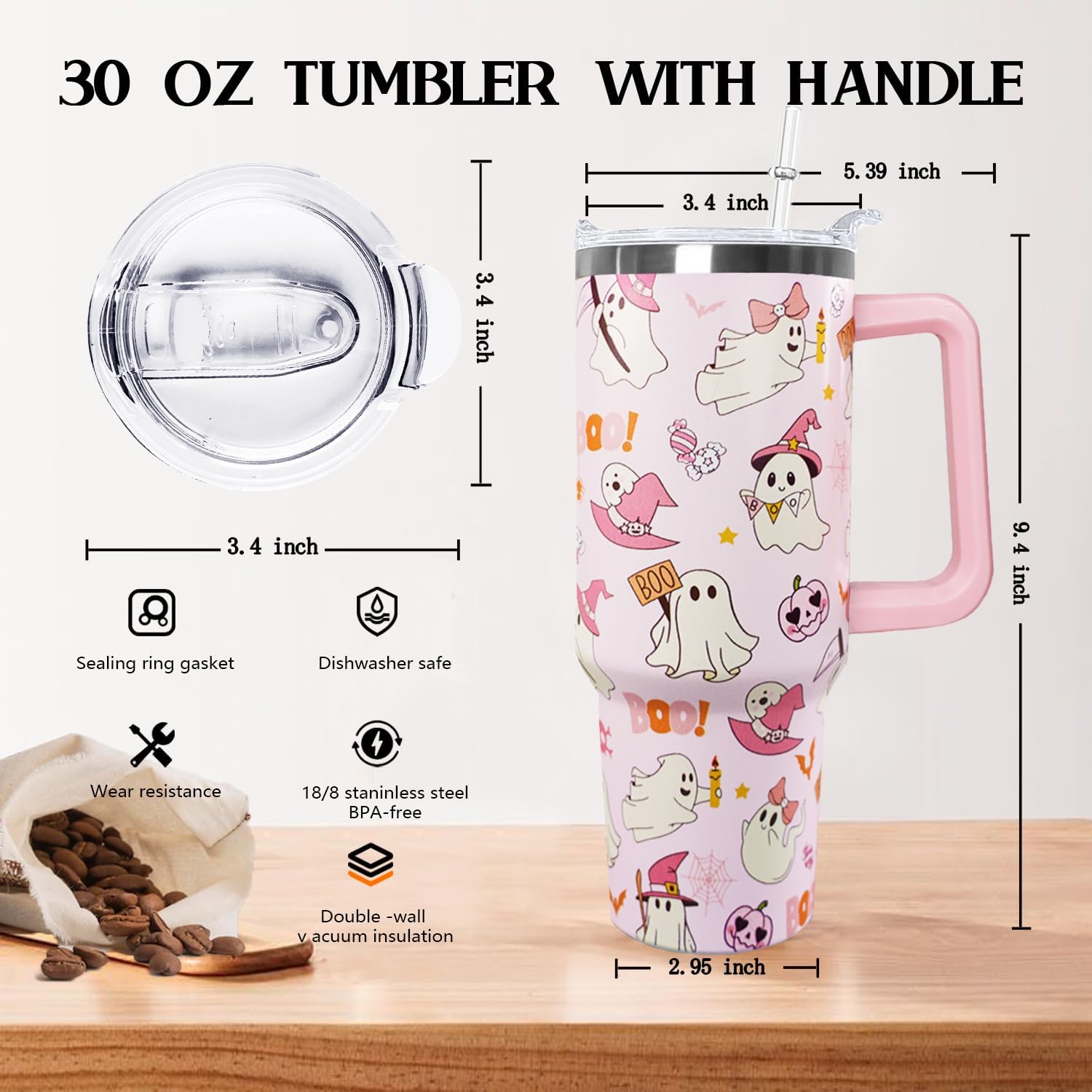 30 oz Halloween Pink Boo Tumbler Insulated Stainless Tumbler,Goth Ghost Travel Coffee Cup Water Botter, Witch Goth Decor Halloween Gifts For Women - Image 2