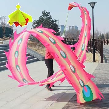 Kunovo Dragon Poi Phoenix Feather Dance Dragon Poi, Square Fitness Dragon Spinning Ribbons with Weighted Ball & Travel Bag, Washable Wulong Dragon Flowy Streamer Color Pink, Size 10 m 33 ft