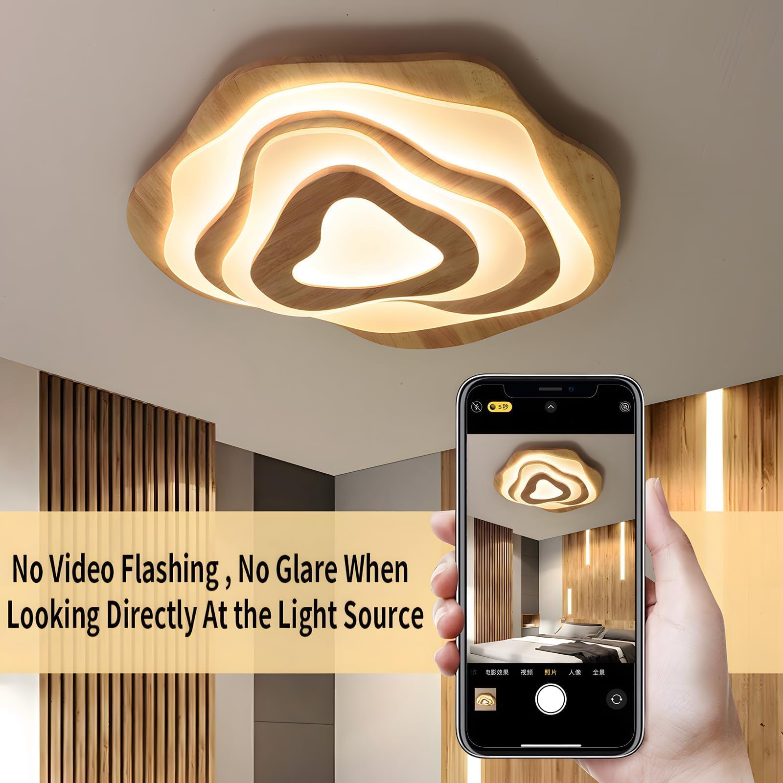 Plafoniera a LED in legno, 50 W = Ø 57 cm, 3500 lm, 3000 K-6000 K, dimmerabile, per camera da letto, soggiorno, paralume in acrilico a forma di cuore, moderna lampada da soffitto rotonda