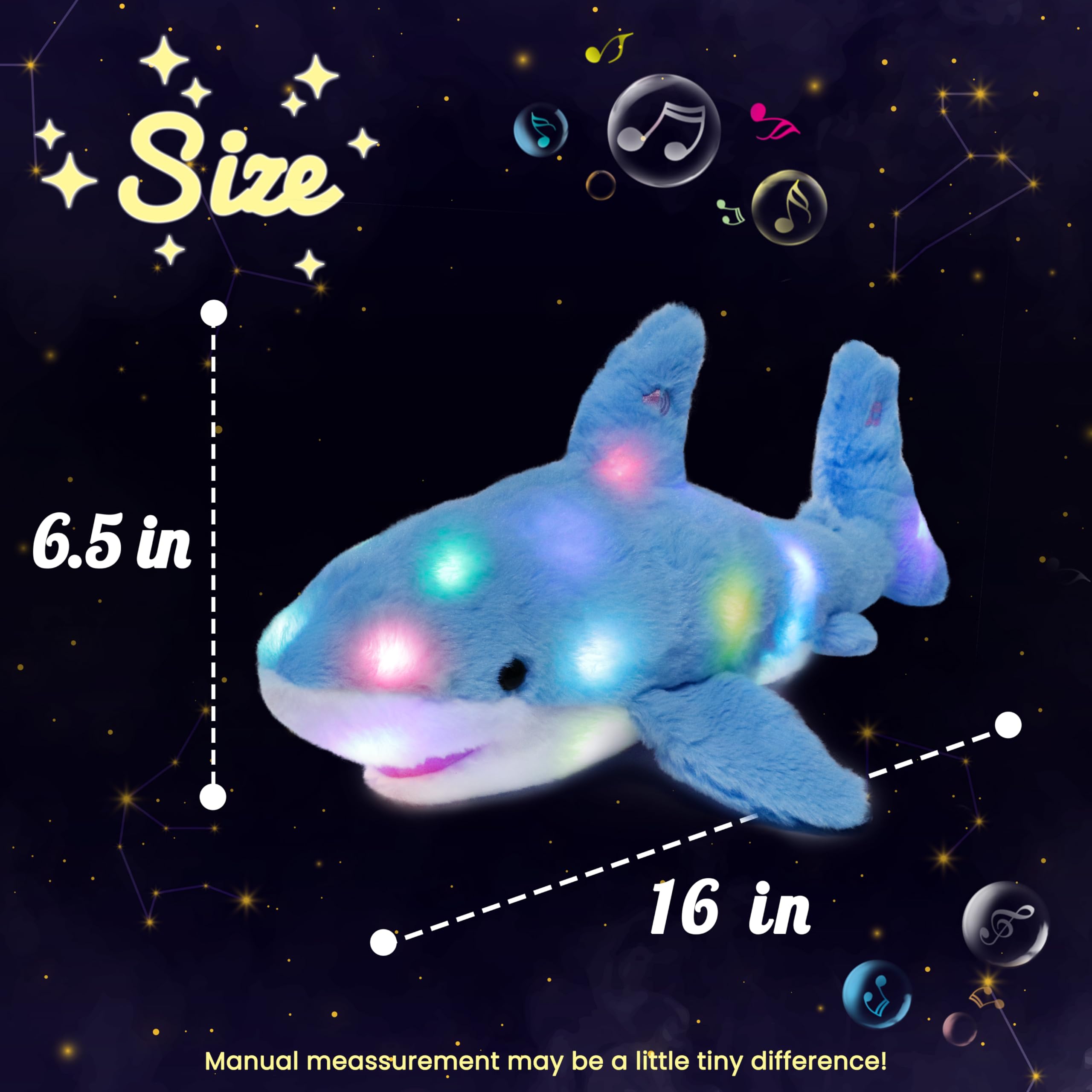 Hopearl Requin Musical Peluche Lumineuse LED Qui Chante Volume Réglable, Veilleuse Animée Apaisante - Cadeau Anniversaire Fête pour Enfants Filles, Bleu, 28cm