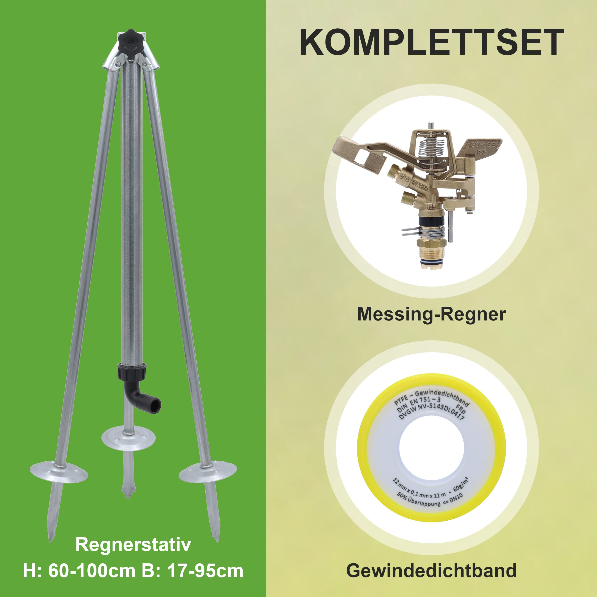 Impulsregner RC135-3/4 Zoll Komplettset aus Kreisregner, Dreibein Stativ & 12m Dichtband - zur Bewässerung von großen Flächen - für Gärten, Sportplätze, Felder & Gärtnereien