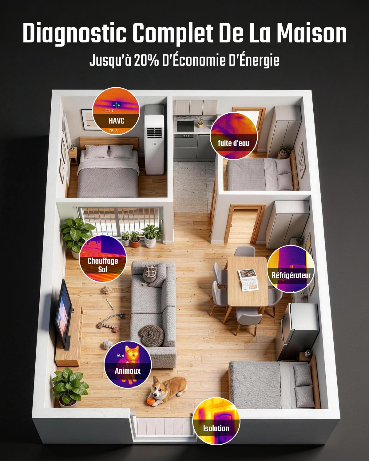 TESMEN TKA-6000 Caméra Thermique, TISR 240 x 240, -20℃~550℃, Caméra Thermique Infrarouge portative 25 Hz, Ultra-Sensible 40 MK, Suivi en Direct pour Entretien Maison, Inspection Fuites et CVC
