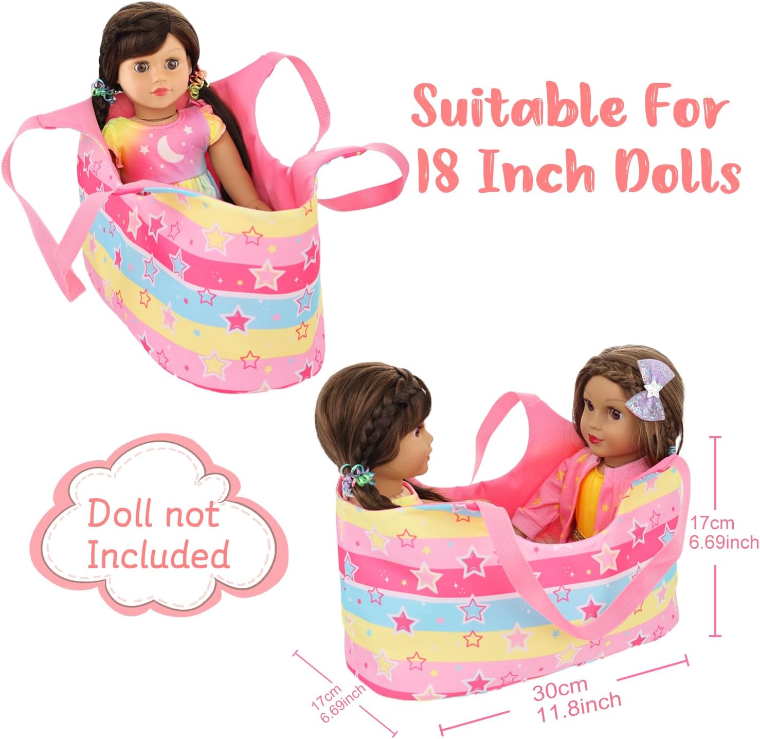 Ecore Fun 18 Inch Doll Accessories Set - 10 PCS Storage Basket Carrier Bag Set for 18" Dolls with Rainbow Dress, 3-Pieces Outfits, Hairpins, 2 Hairties, Sunglasses, Sticker