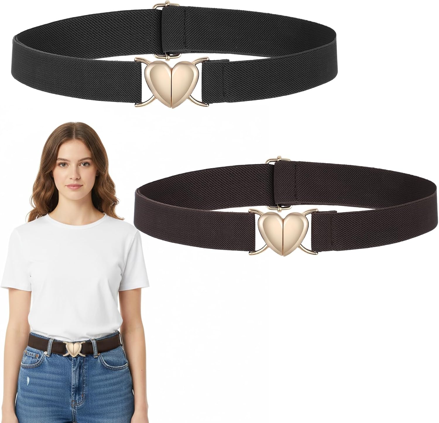 2 Pack Toddler Belt Girl, Adjustable Elastic Waist Belts With Heart Buckle, Woven Stretch Fashion Band For Toddlers And Girls, Comfortable Fit For Dresses And Pants