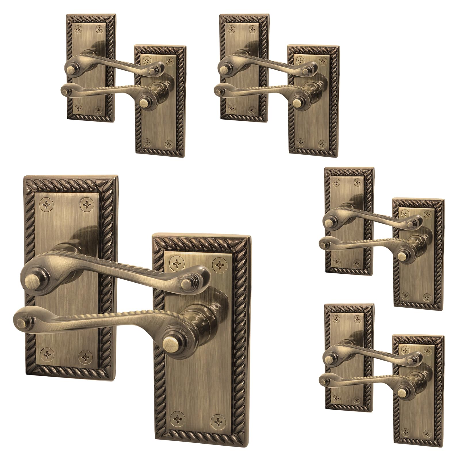 EAI Antique Brass Door Handles, 5 Pairs on Backplate - Rope Scroll