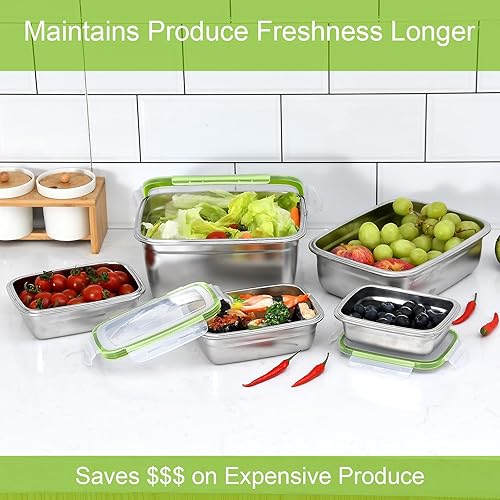 Miniatura 5 de UPTRUST Recipientes de acero inoxidable para almacenamiento de alimentos, tapas herméticas y a prueba de fugas, juego de 5 recipientes, aptos para