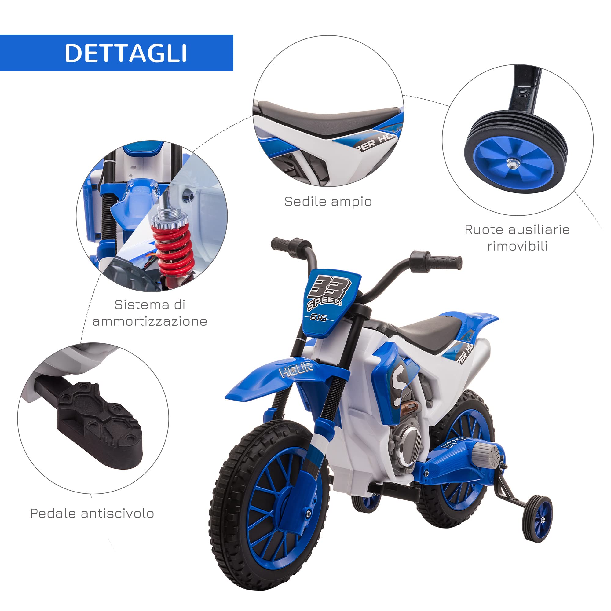 HOMCOM Moto da Cross Elettrica per Bambini da 3-5 Anni, Moto Elettrica per Bambini con Batteria 12V Ricaricabile e Rotelline Rimovibili, 106.5x51.5x68cm, Blu