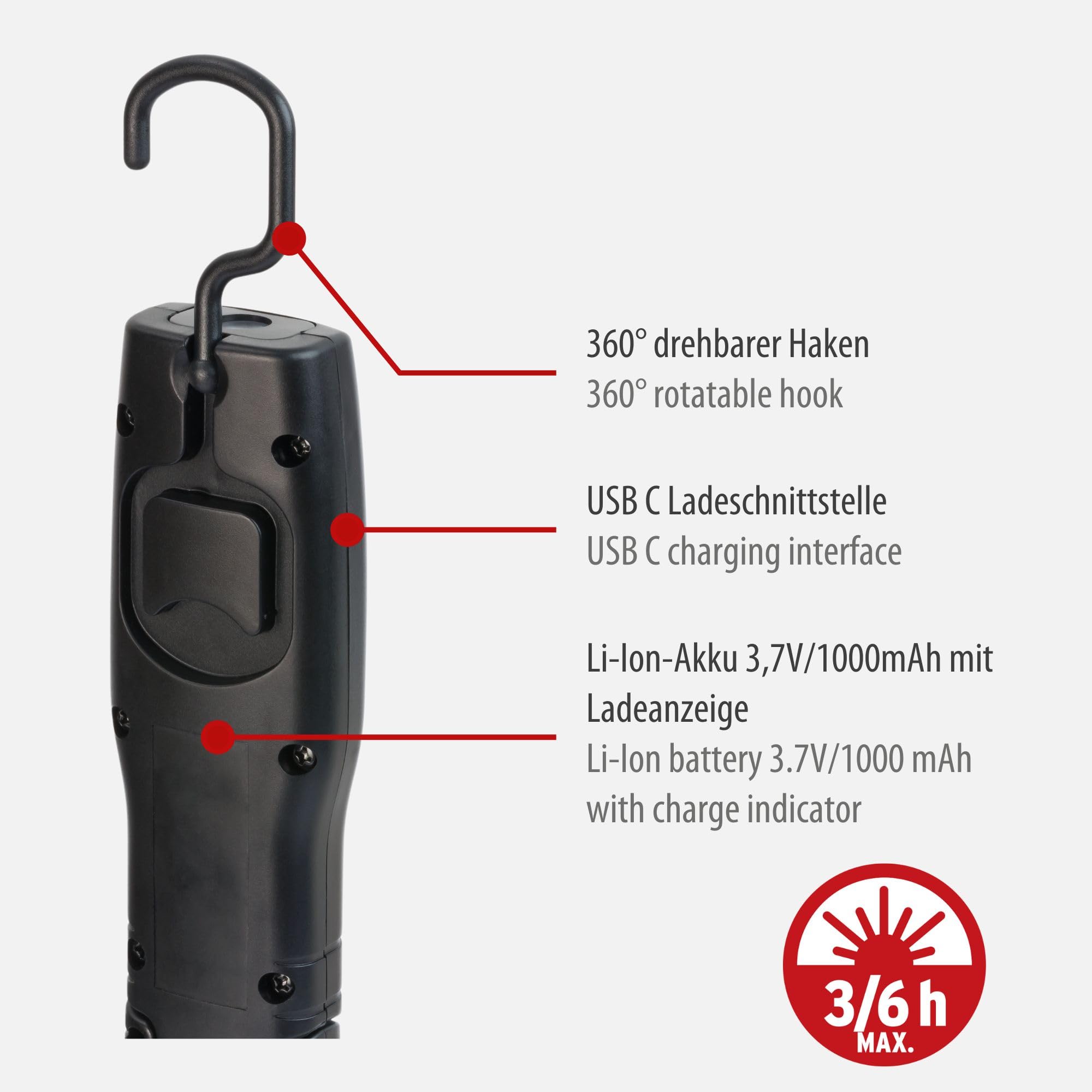 Brennenstuhl Linterna de taller LED recargable HL 201 A/Linterna mecánica LED con batería recargable (250 + 70lm, base articulada, con imán y gancho, incluye cable USB C)