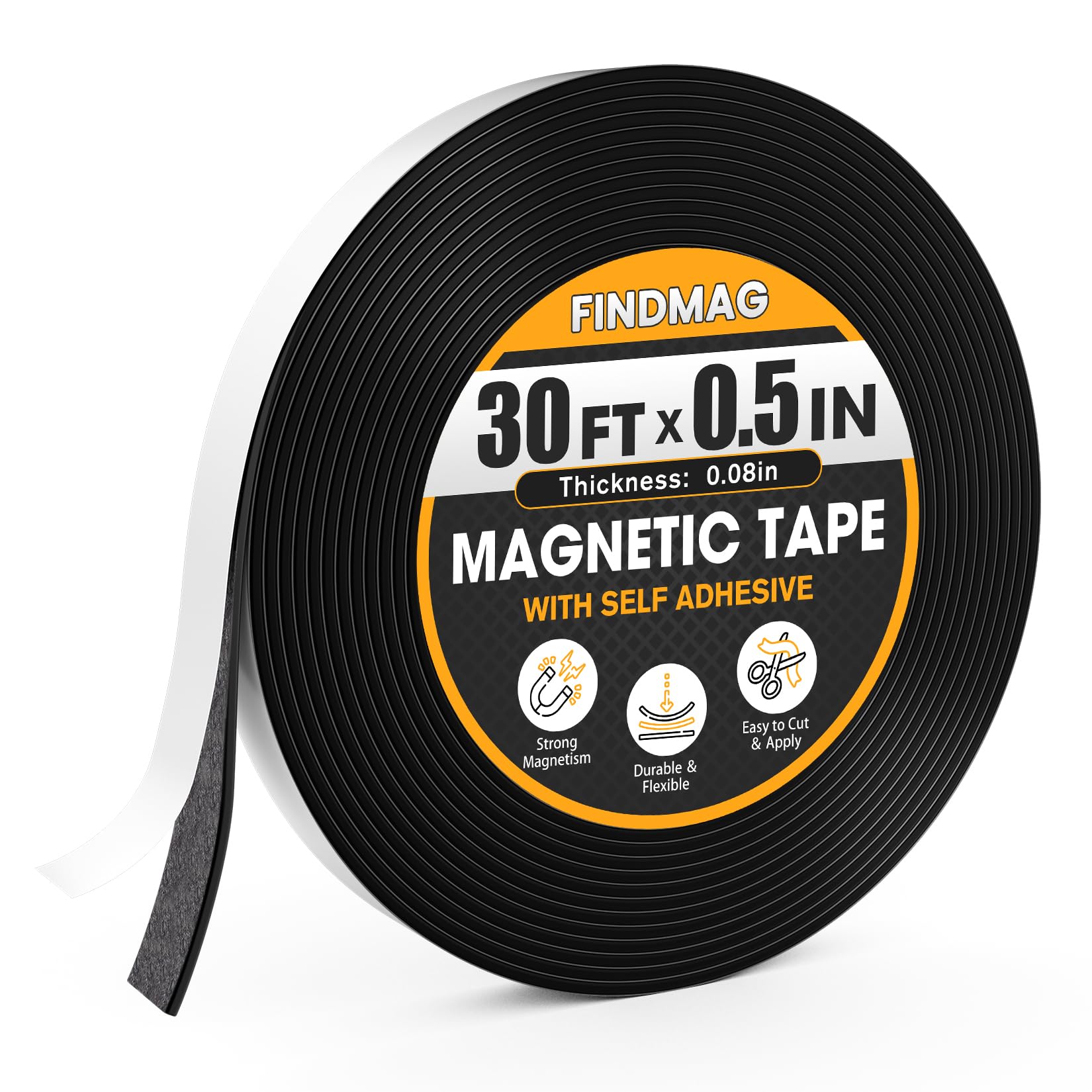 FINDMAG Magnetic Tape, Magnetic Strips with Adhesive Backing, 1 Roll 30 Feet Magnet Tape Perfect for Craft and DIY Projects, Whiteboards & Fridge (0.08" Thick 1/2" Wide)