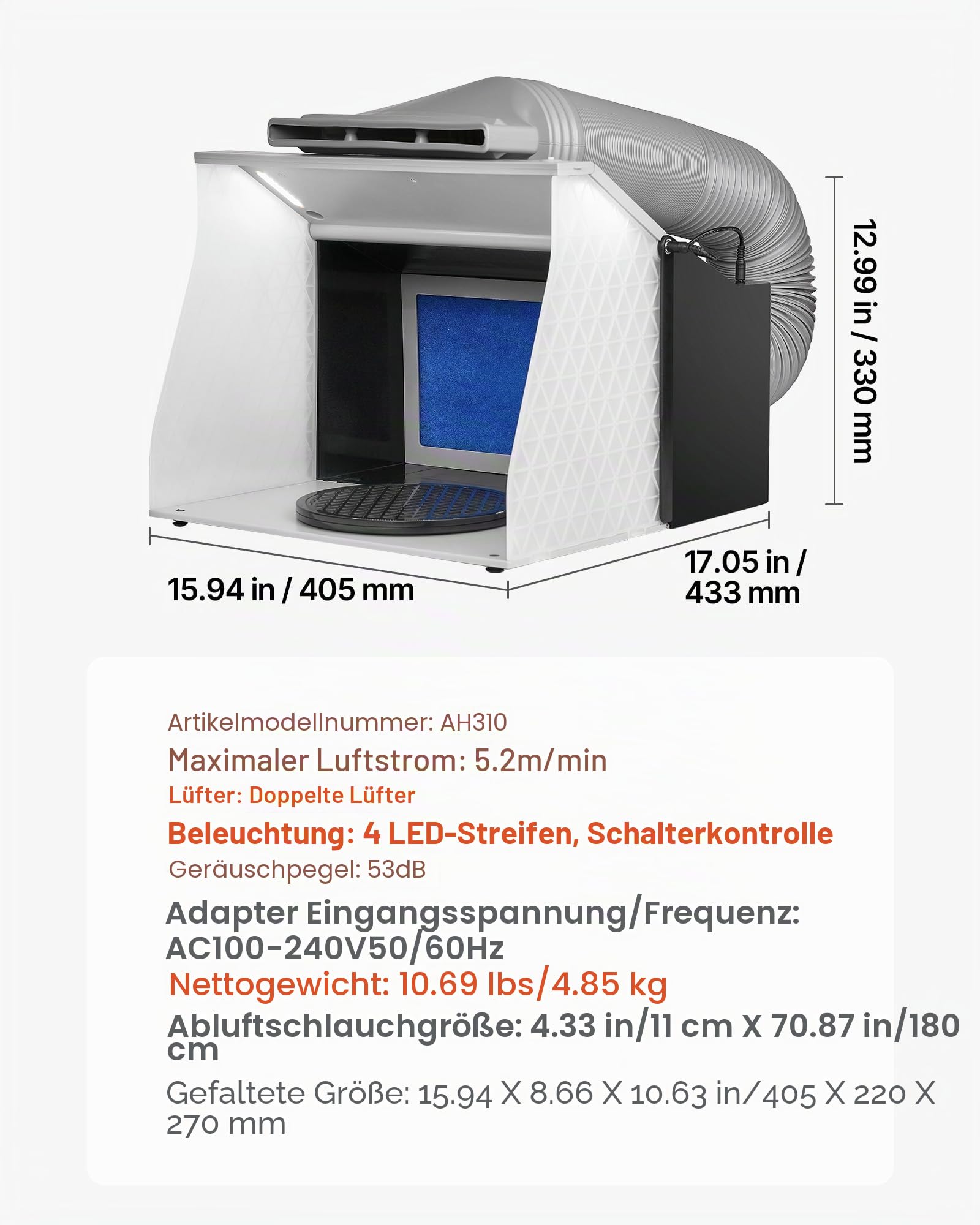 VEVOR Airbrush Spritzkabine 405 x 330 x 355 mm 5,2 m³/min Doppelte Lüfter