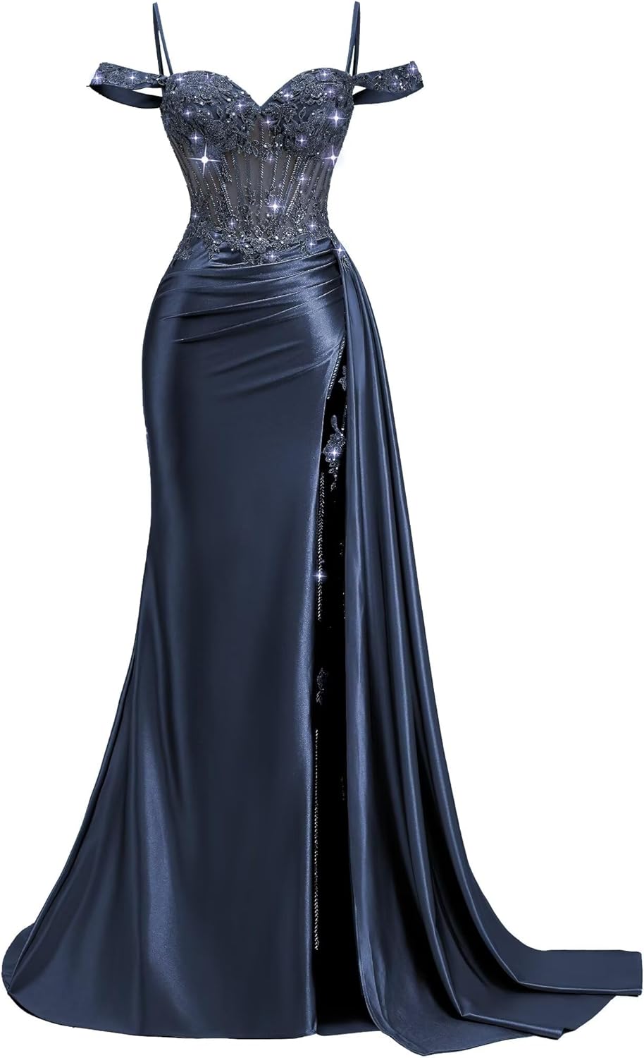 Off Shoulder Satin Prom Dresses 2026 Mermaid Beaded Formal Dresses Corset Lace Pleated Evening Dress with Slit Tail