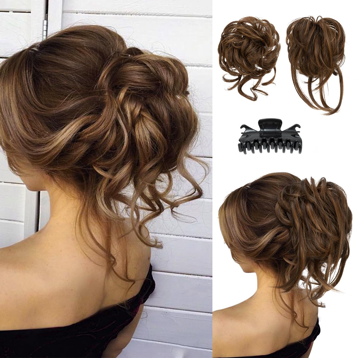 Photo 1 of SARLA 2PCS Messy Bun Hair Pieces for Women Detachable Claw Clip Wavy Curly Synthetic Hairpieces for Updos with Tendrils Fake Scrunchies Ponytail Extension Chocolate