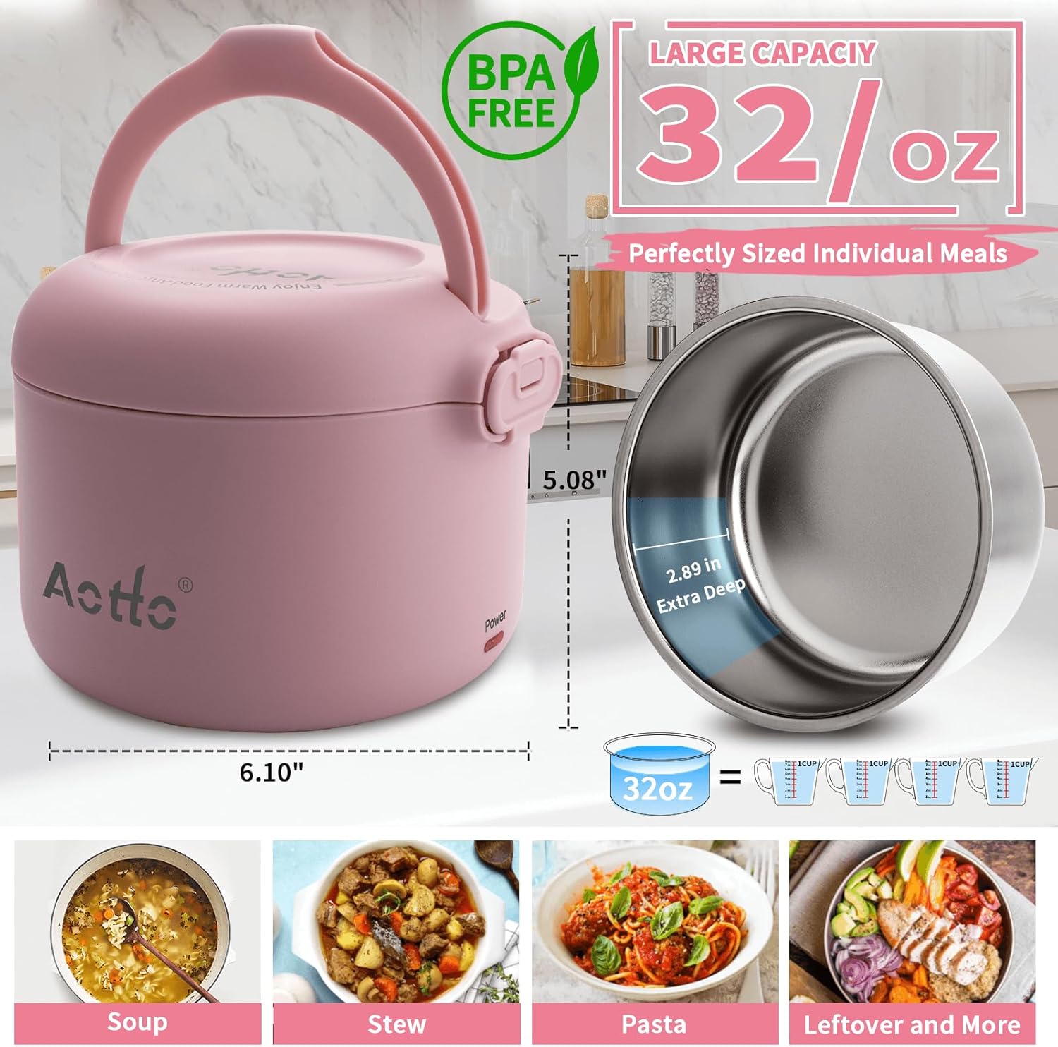 Aotto Electric Lunch Box, 32 oz Portable Food Warmer Heater, Lunch Warmer Portable for Work/Office/Car/Travel 12V/24V/110V 3-in-1, Warming Soup & Meal, Spill-Free, Men & Women's Gifts, Pink - Image 3